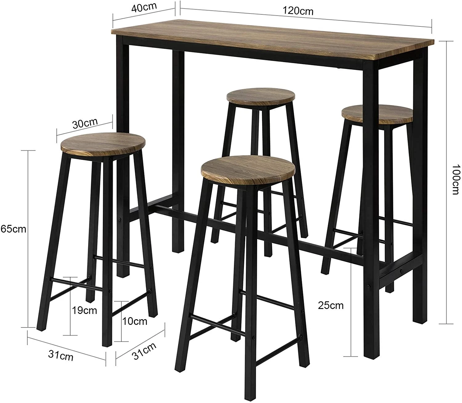 SoBuy Bartisch In Braun Und Schwarz - Tisch(B)120 X (H)100 X (T)40cm/Hocker(B)31 X (H)65 X (T)31cm - Image 4