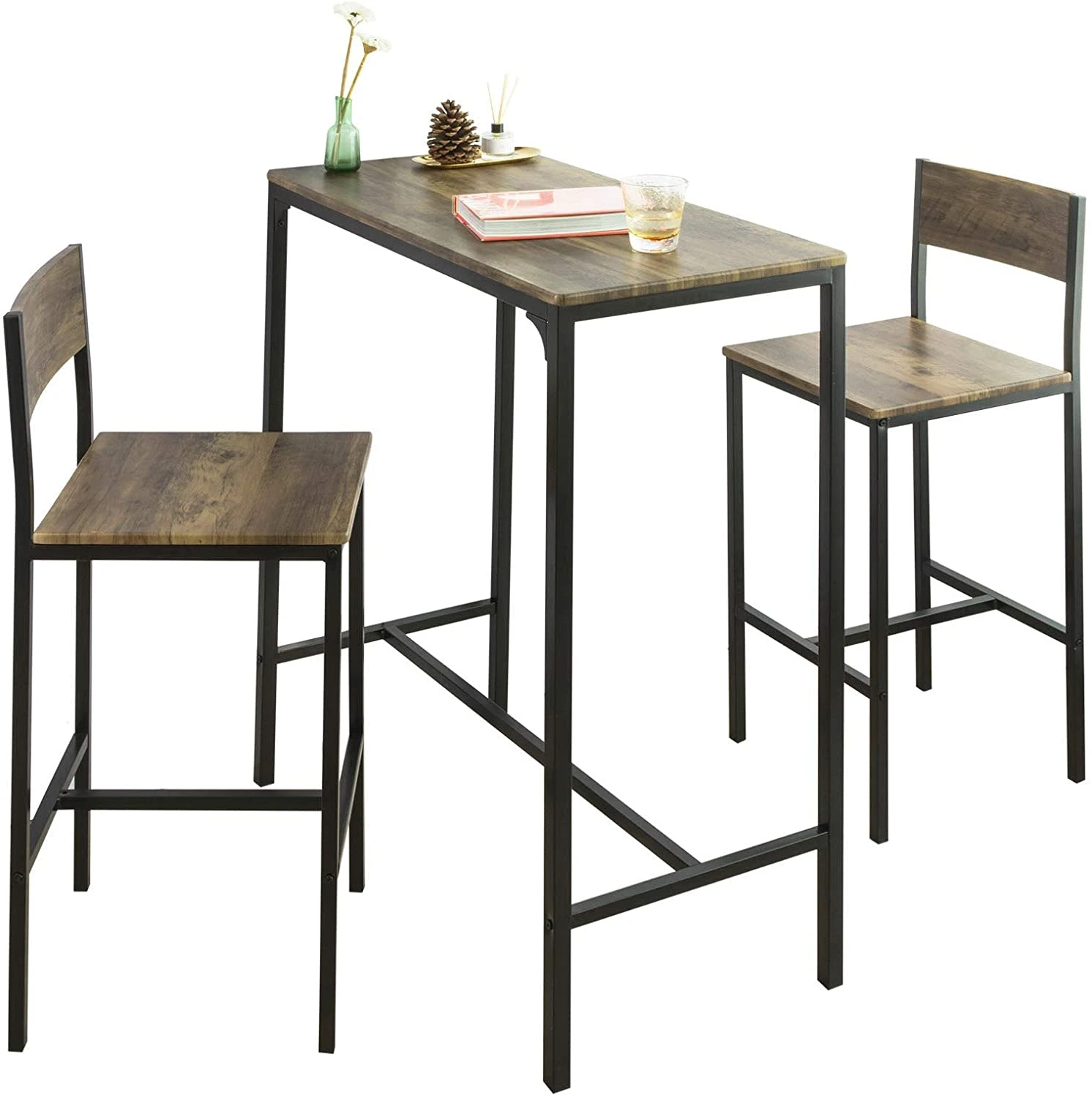 SoBuy Bartisch In Braun Und Schwarz - Tisch(B)89 X (H)100 X (T)45cm/Stuhl(B)38 X (H)95 X (T)40cm