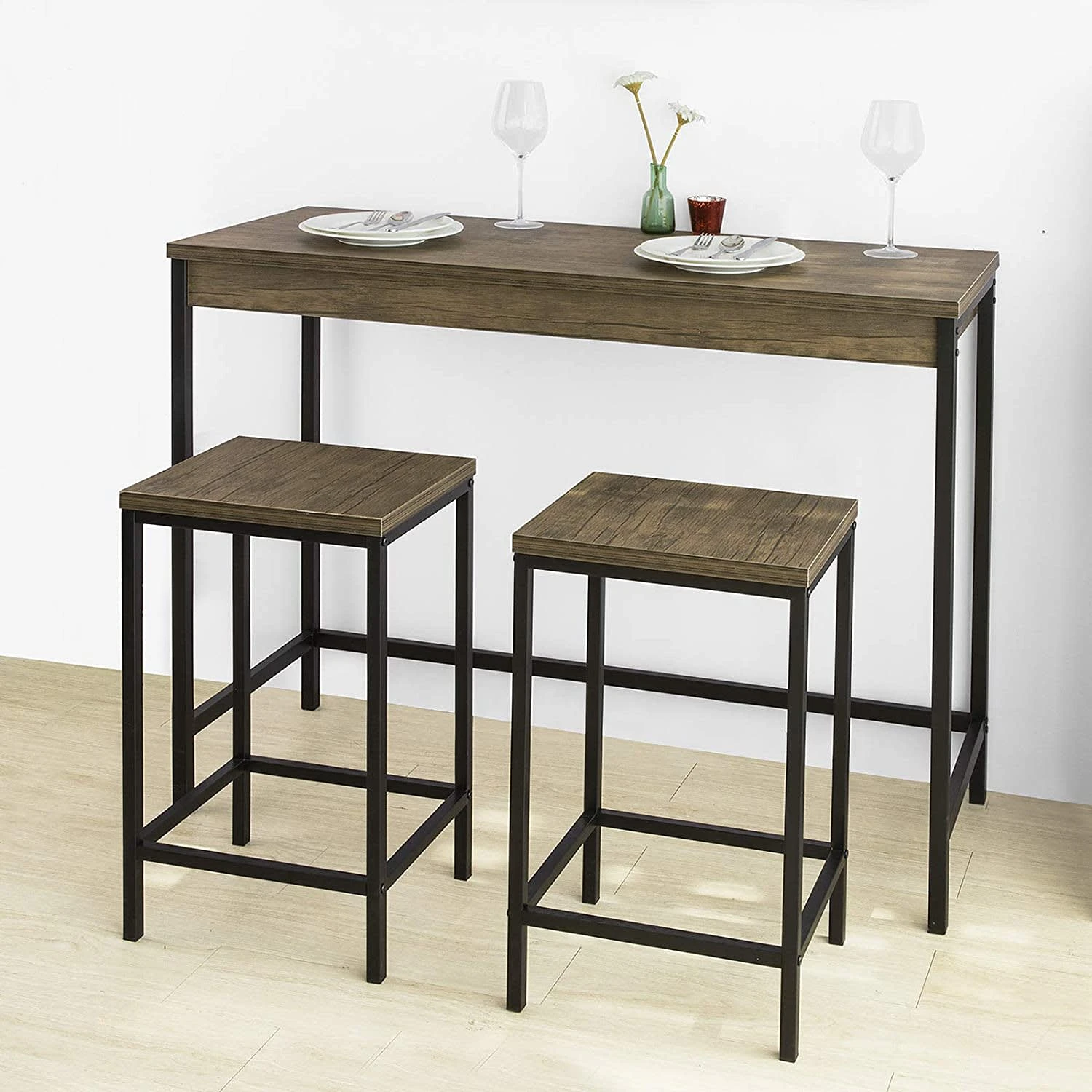 SoBuy Bartisch In Natur Und Schwarz - Tisch(B)121 X (H)97 X (T)46cm/Hocker(B)38 X (H)66 X (T)32cm - Image 3