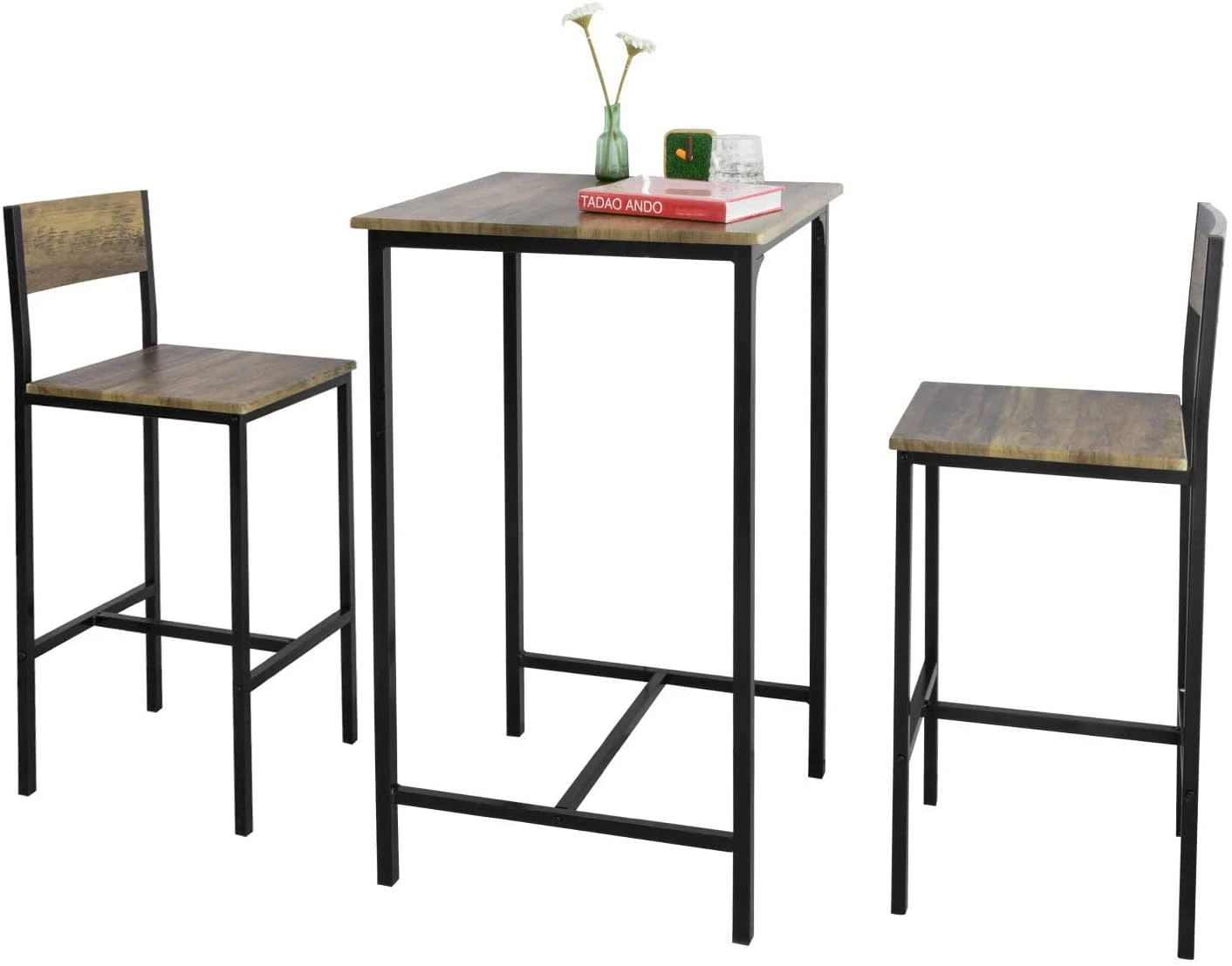 SoBuy Bartisch In Natur Und Schwarz - Tisch(B)60 X (H)97 X (T)60cm/Hocker(B)39 X (H)96 X (T)41cm