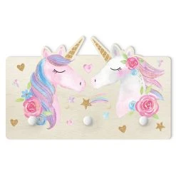 WallArt Kindergarderobe Holz - Aquarell Einhorn Gold Glitzer In Pastell