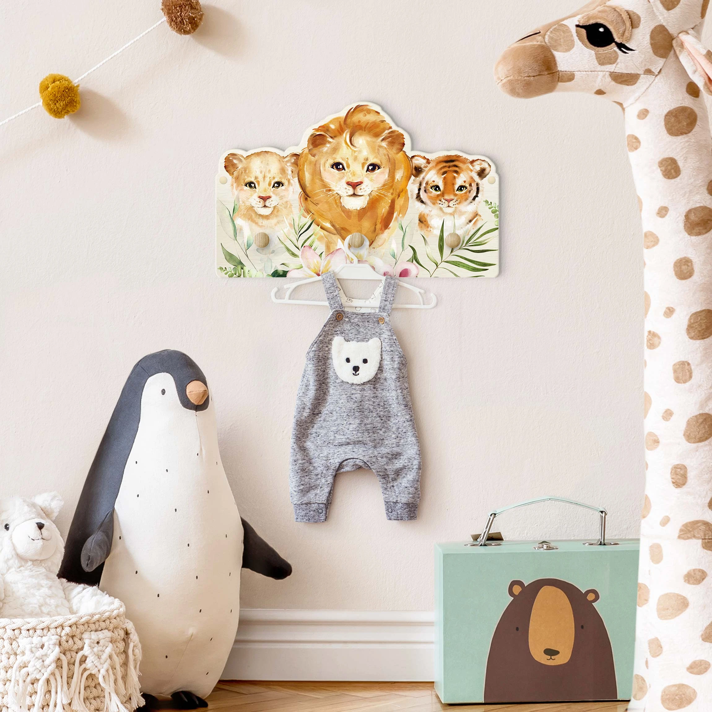 WallArt Kindergarderobe Holz - Aquarell Raubkatzen Tiger Löwen In Orange - Image 3