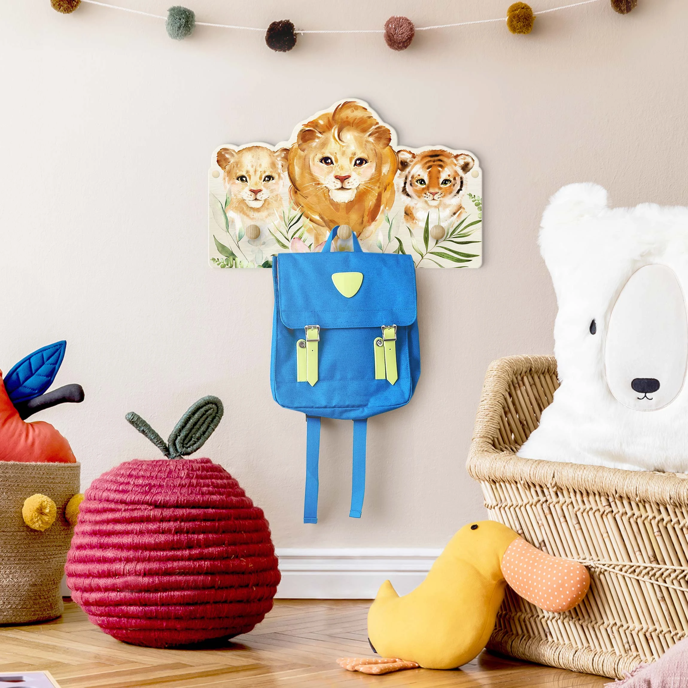 WallArt Kindergarderobe Holz - Aquarell Raubkatzen Tiger Löwen In Orange - Image 4