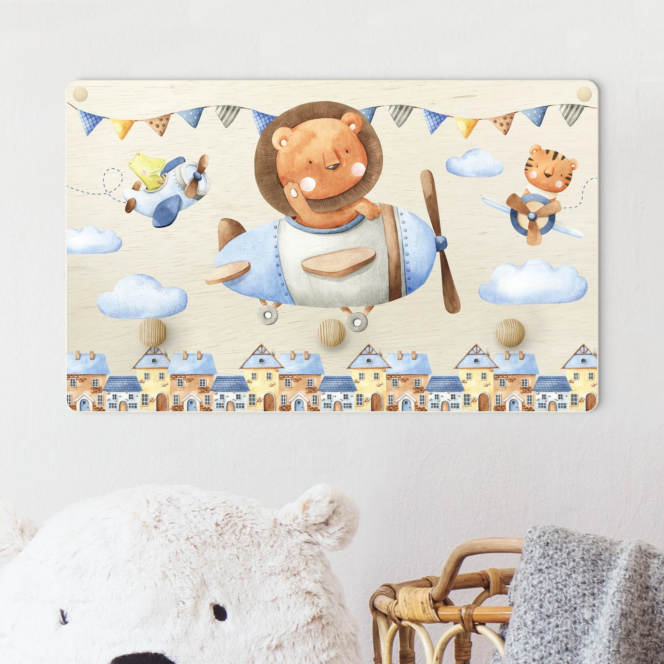 WallArt Kindergarderobe Holz - Aquarell Tierpilot Löwe In Bunt – Bild 2