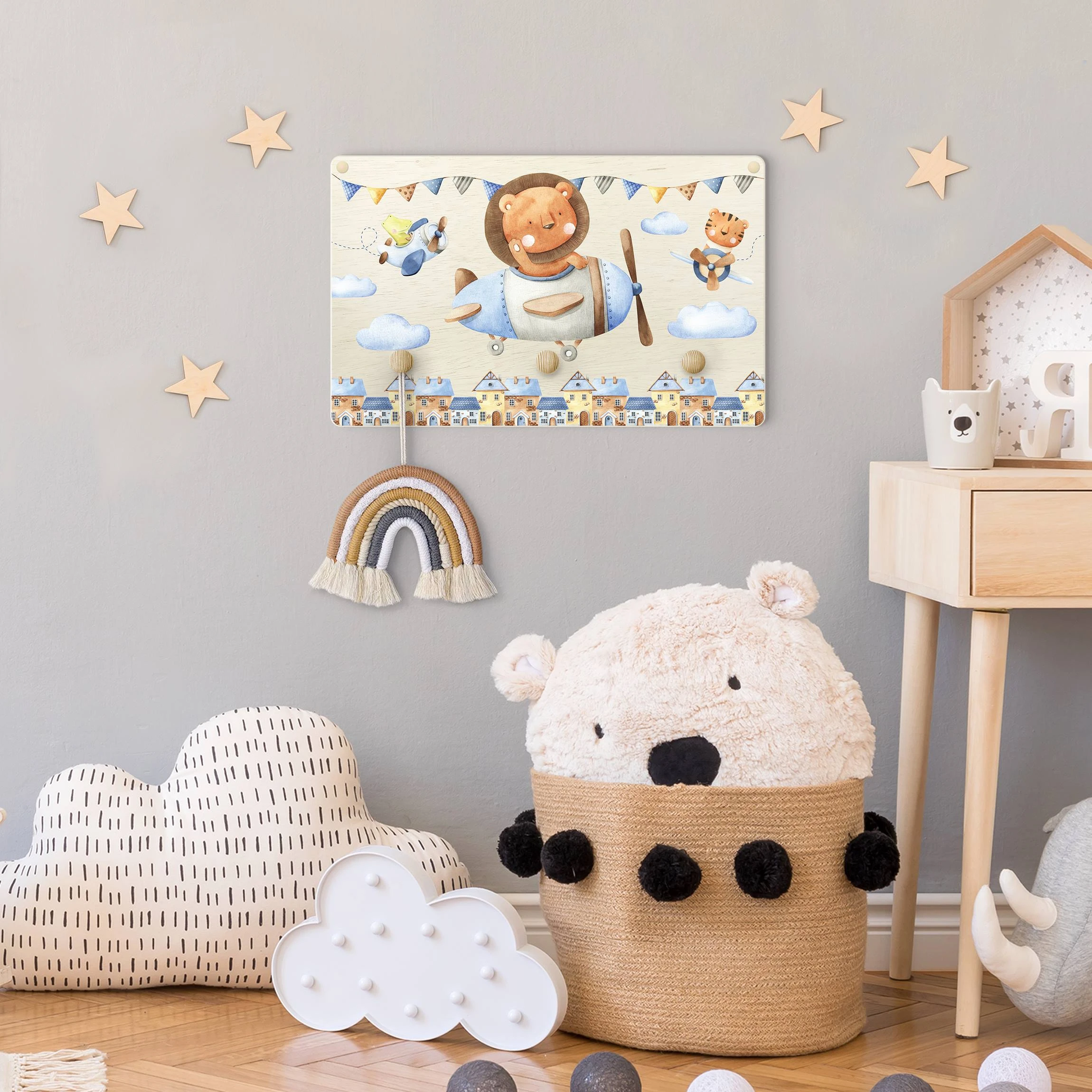 WallArt Kindergarderobe Holz - Aquarell Tierpilot Löwe In Bunt – Bild 3