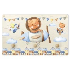 WallArt Kindergarderobe Holz - Aquarell Tierpilot Löwe In Bunt