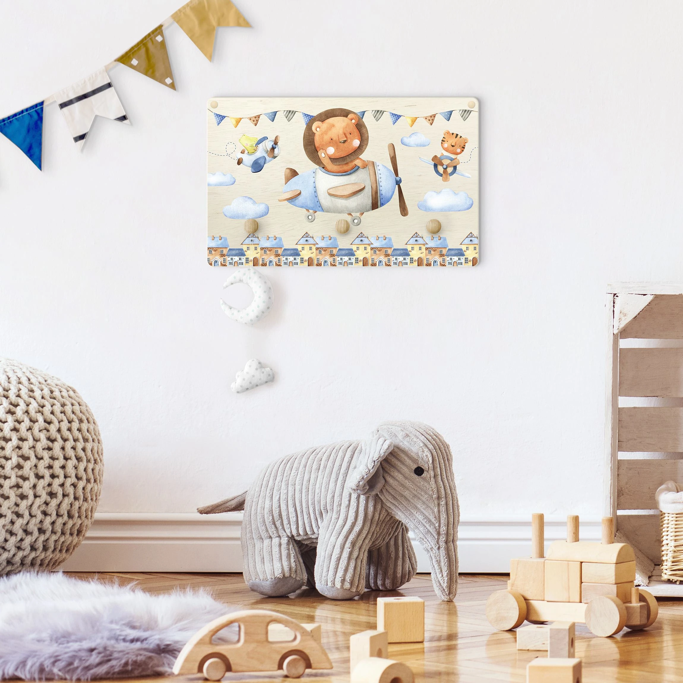 WallArt Kindergarderobe Holz - Aquarell Tierpilot Löwe In Bunt – Bild 4