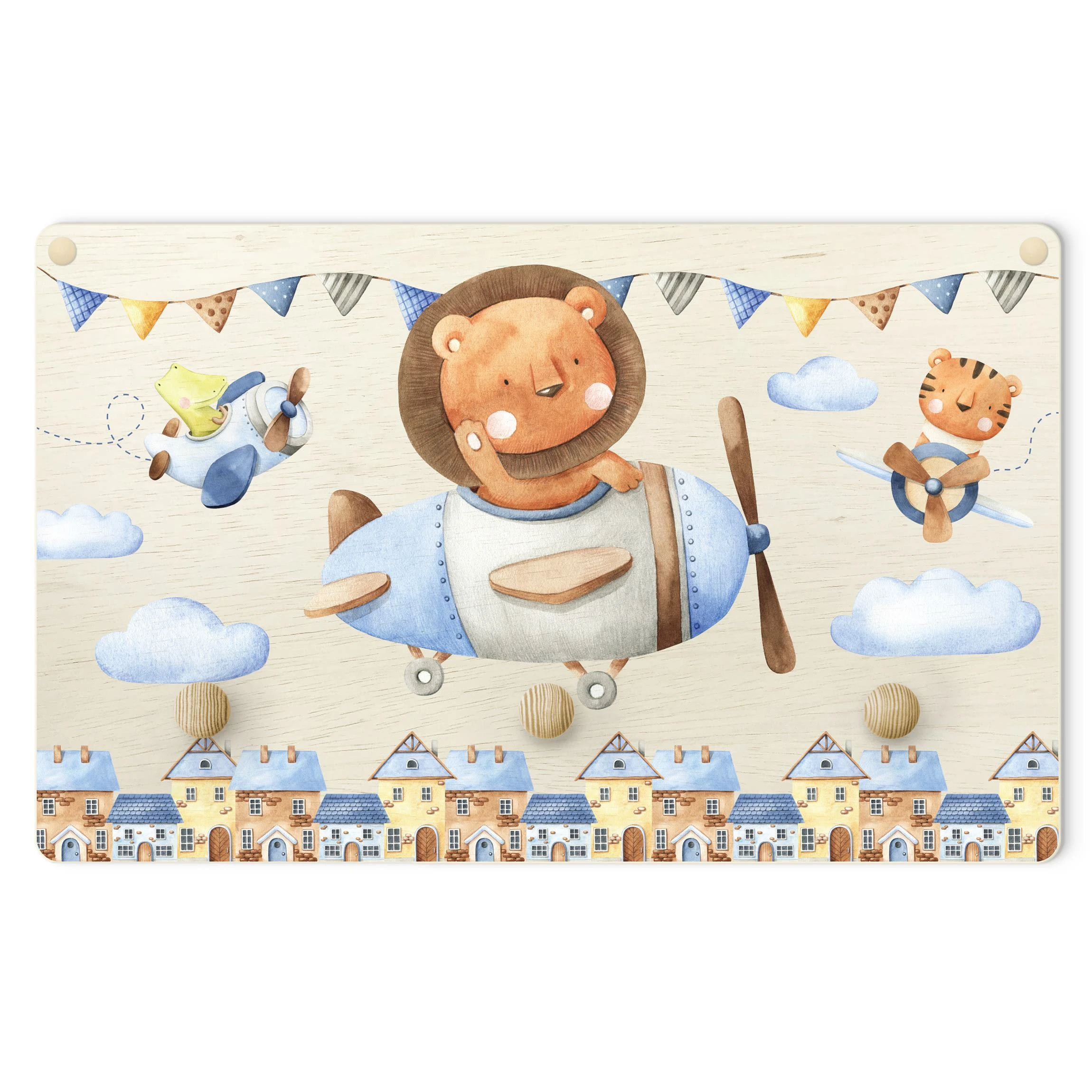 WallArt Kindergarderobe Holz - Aquarell Tierpilot Löwe In Bunt