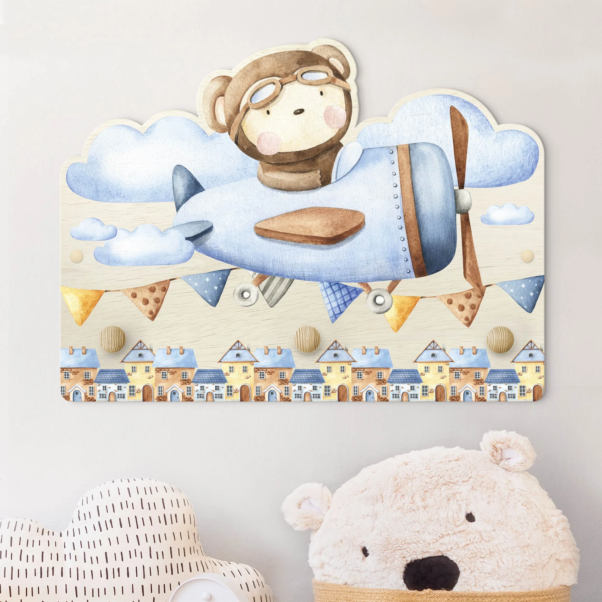 WallArt Kindergarderobe Holz - Aquarell Tierpilot Teddy In Bunt - Image 2