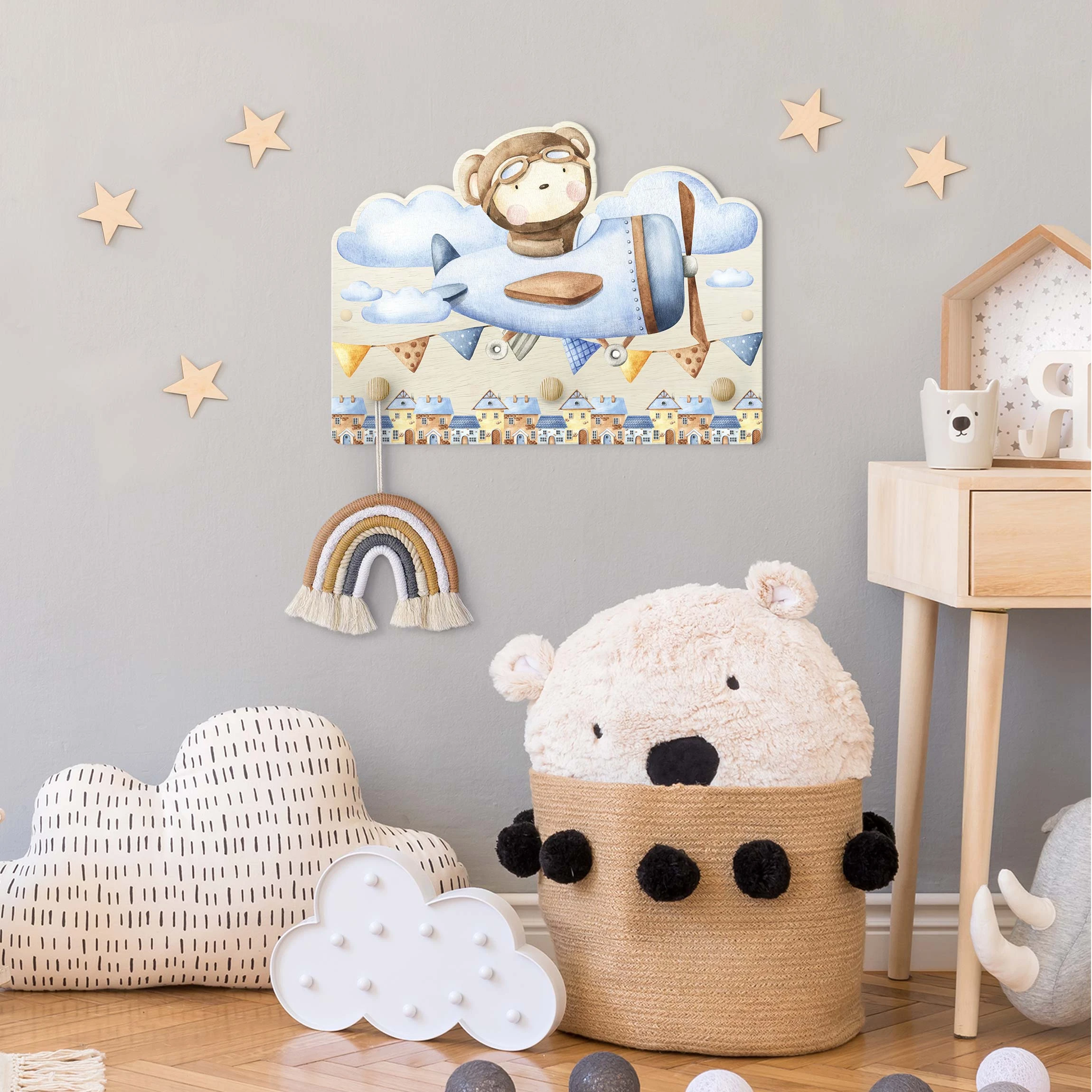 WallArt Kindergarderobe Holz - Aquarell Tierpilot Teddy In Bunt - Image 3