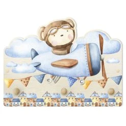 WallArt Kindergarderobe Holz - Aquarell Tierpilot Teddy In Bunt