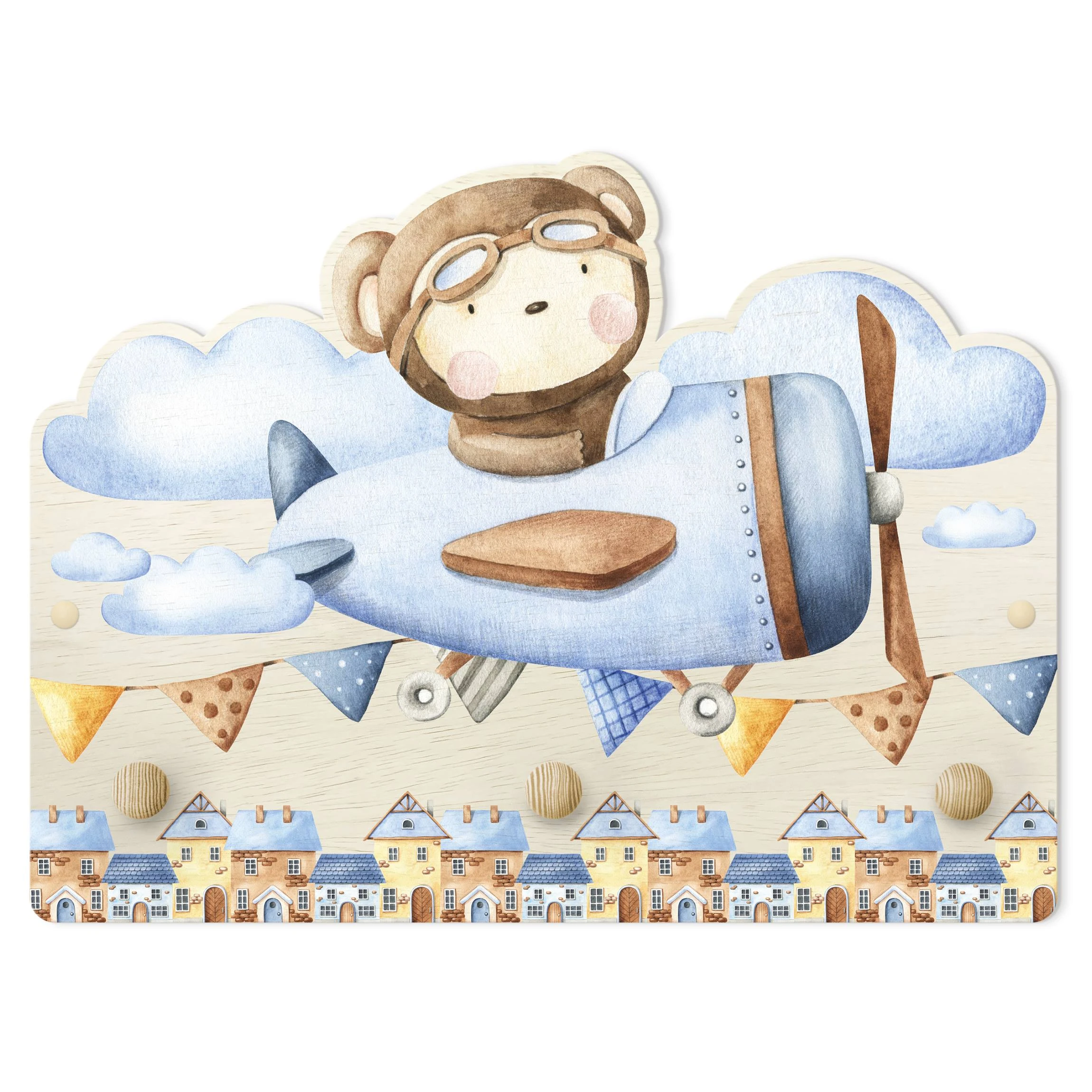 WallArt Kindergarderobe Holz - Aquarell Tierpilot Teddy In Bunt