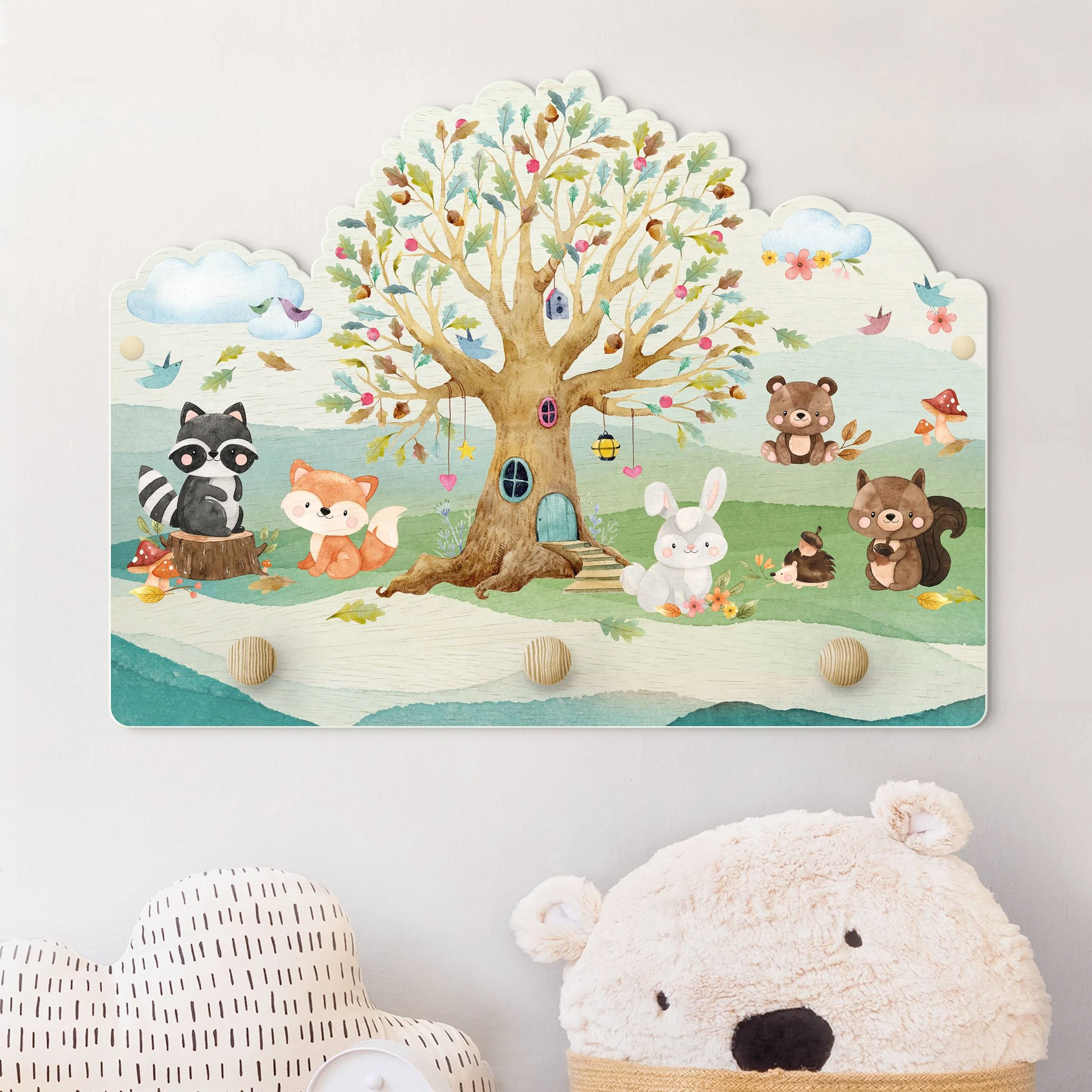 WallArt Kindergarderobe Holz - Aquarell Waldtiere Mit Baum In Bunt 4 WallArt Kindergarderobe Holz - Aquarell Waldtiere Mit Baum In Bunt – Bild 2