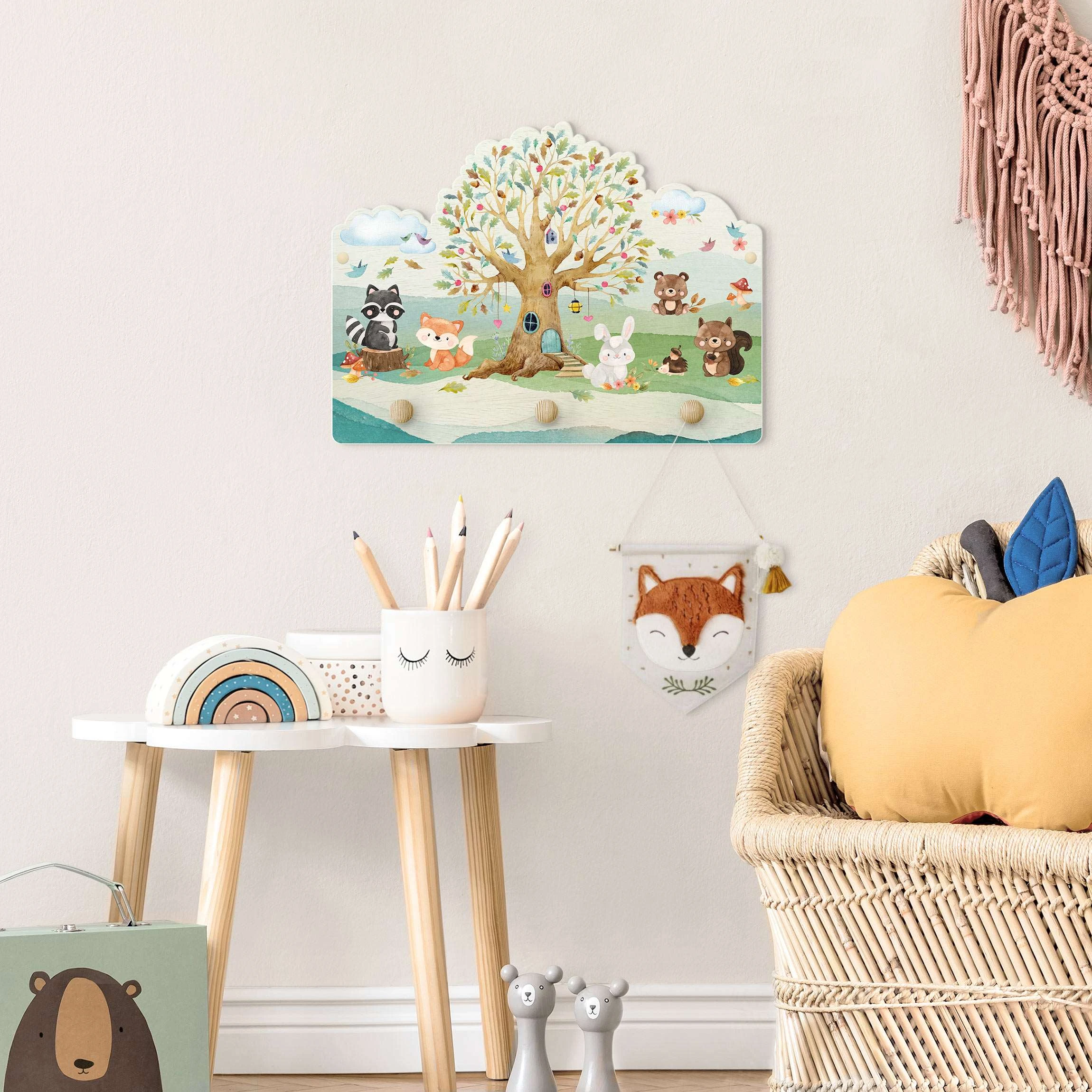 WallArt Kindergarderobe Holz - Aquarell Waldtiere Mit Baum In Bunt 5 WallArt Kindergarderobe Holz - Aquarell Waldtiere Mit Baum In Bunt – Bild 3