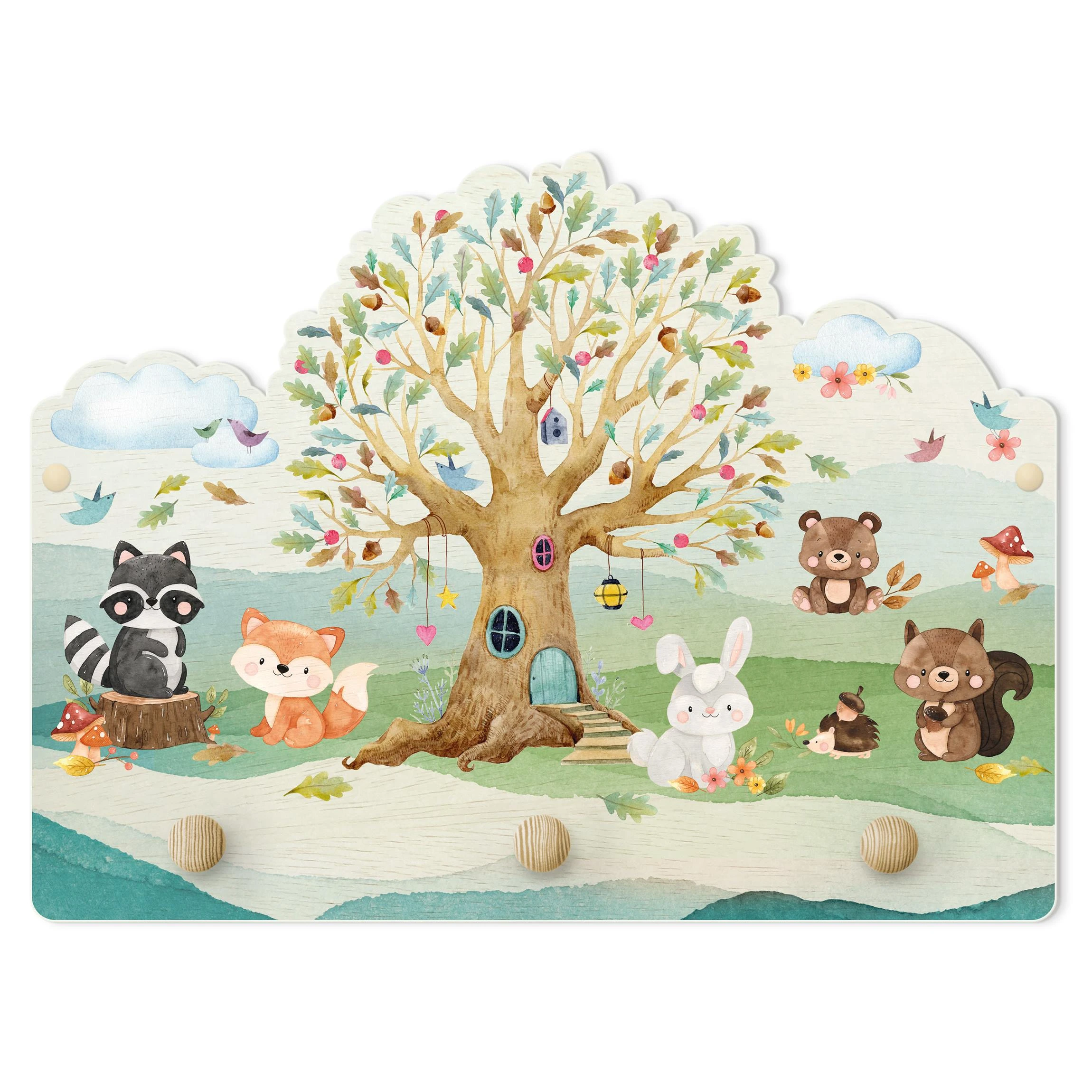 WallArt Kindergarderobe Holz - Aquarell Waldtiere Mit Baum In Bunt 3 WallArt Kindergarderobe Holz - Aquarell Waldtiere Mit Baum In Bunt