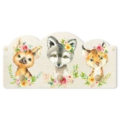 WallArt Kindergarderobe Holz - Aquarell Waldtiere Mit Blumen II In Orange