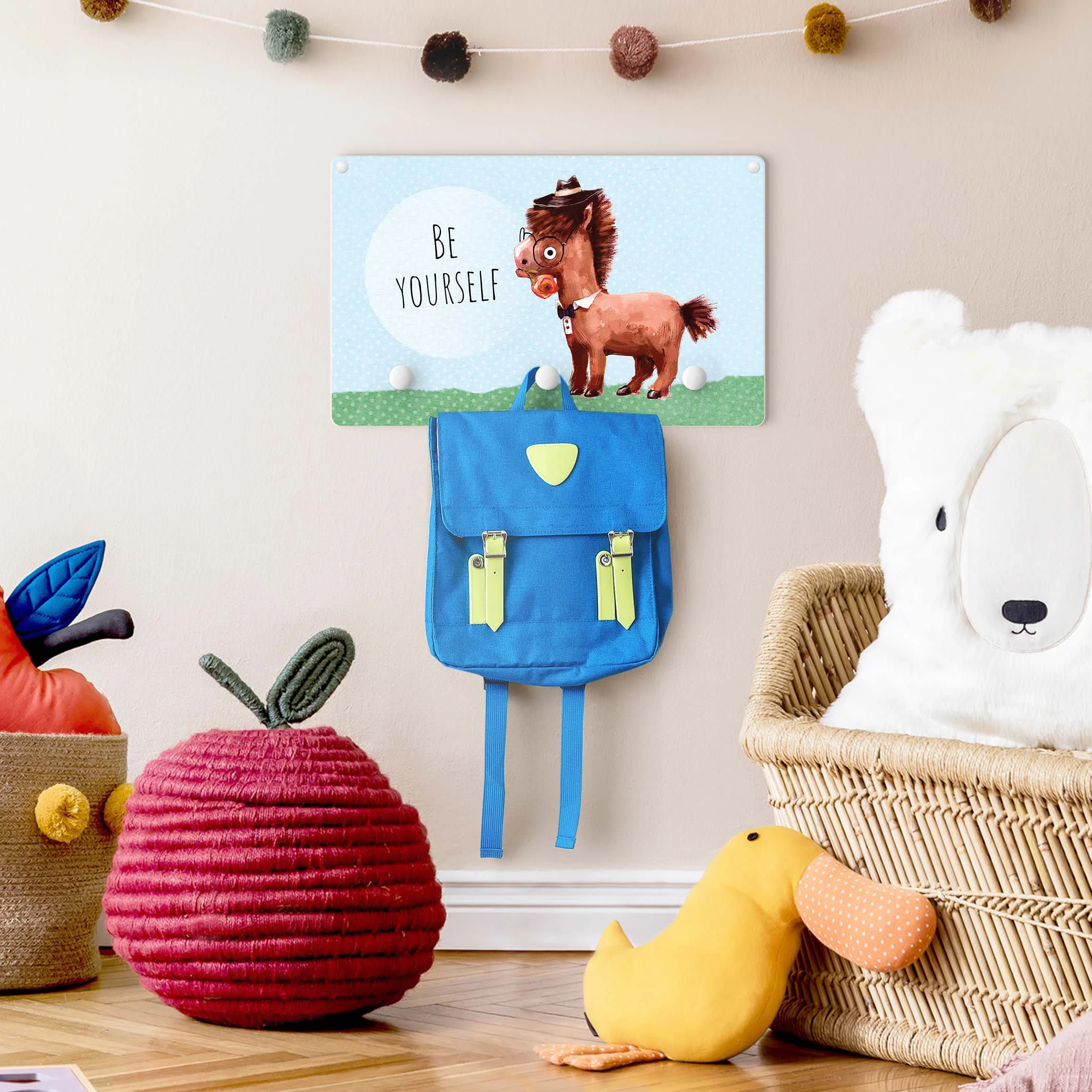 WallArt Kindergarderobe Holz - Bebrilltes Pony Mit Spruch Be Yourself In Blau - Image 3