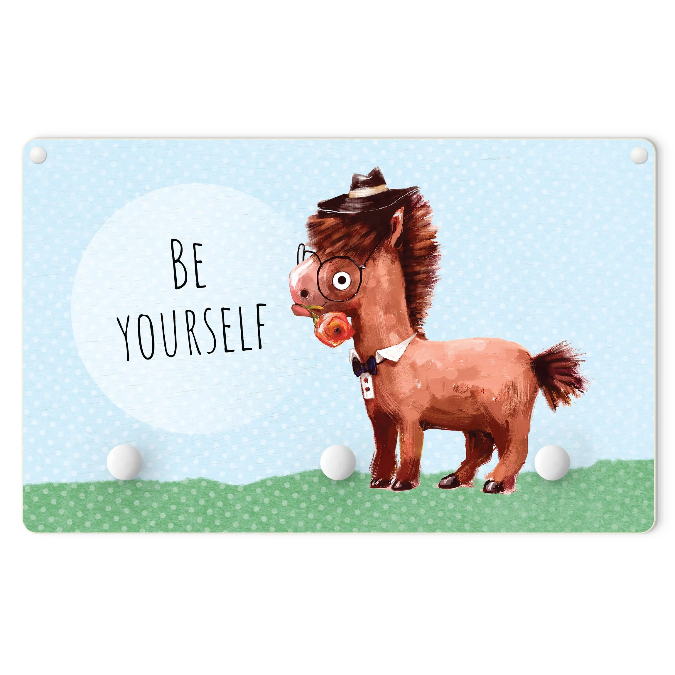 WallArt Kindergarderobe Holz - Bebrilltes Pony Mit Spruch Be Yourself In Blau