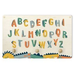WallArt Kindergarderobe Holz - Buntes Dino Alphabet In Bunt