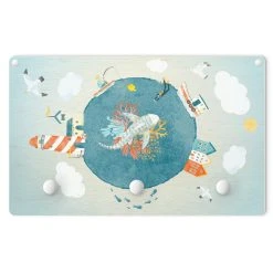 WallArt Kindergarderobe Holz - Buntes Treiben Auf Dem Meer In Blau