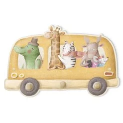 WallArt Kindergarderobe Holz - Bus Voller Tiere Aquarell In Bunt