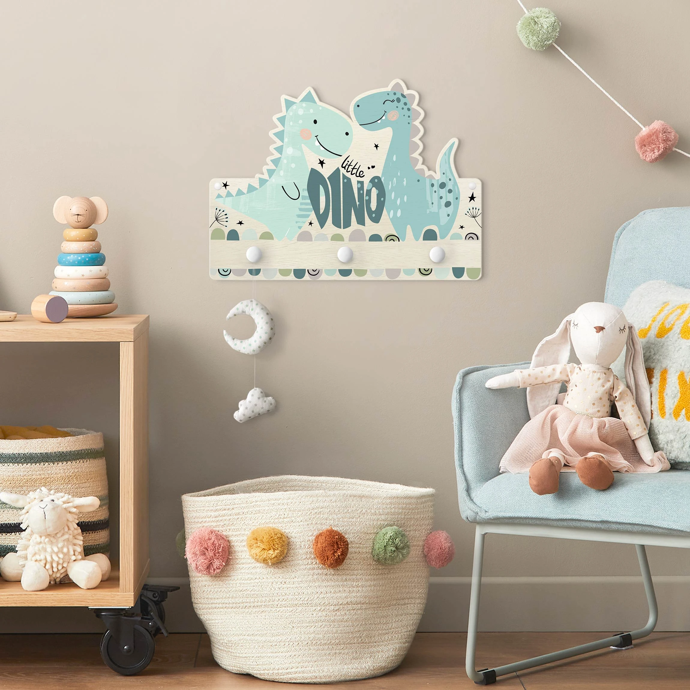 WallArt Kindergarderobe Holz - Dino Pastell In Grün - Image 3