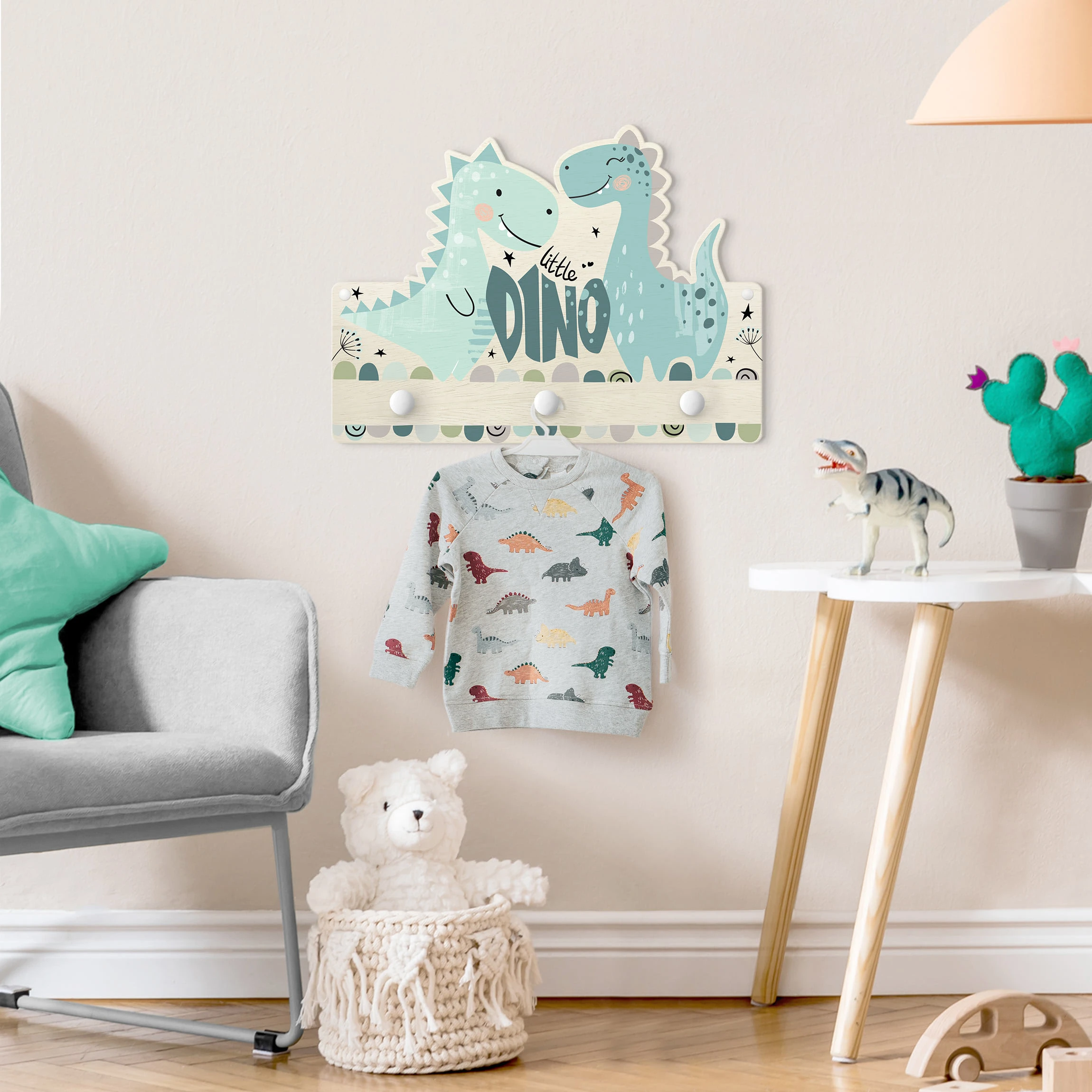 WallArt Kindergarderobe Holz - Dino Pastell In Grün - Image 4