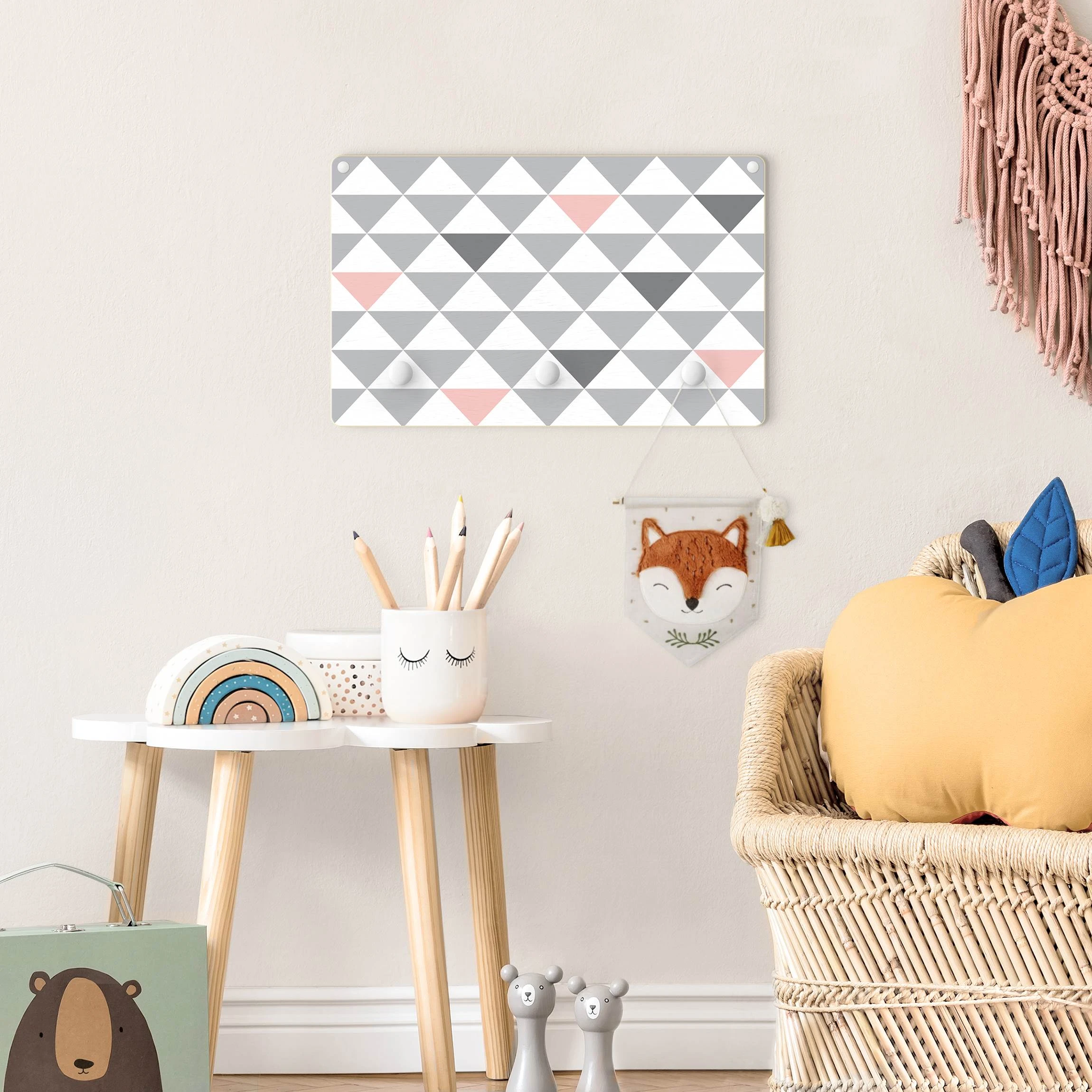 WallArt Kindergarderobe Holz - Dreiecke Grau Weiß Rosa In Grau - Image 4