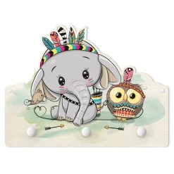 WallArt Kindergarderobe Holz - Elefant Mit Federn Und Eule In Bunt