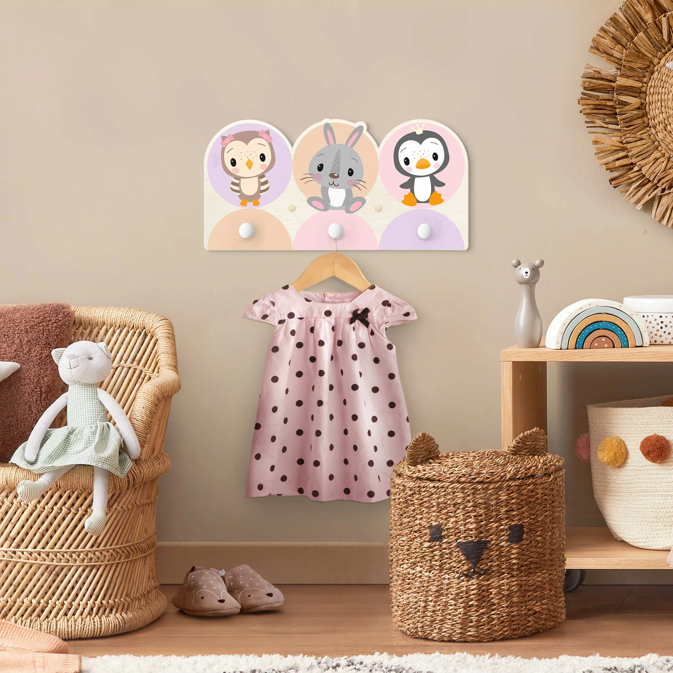 WallArt Kindergarderobe Holz - Eule Hase Pinguin In Pastell - Image 4