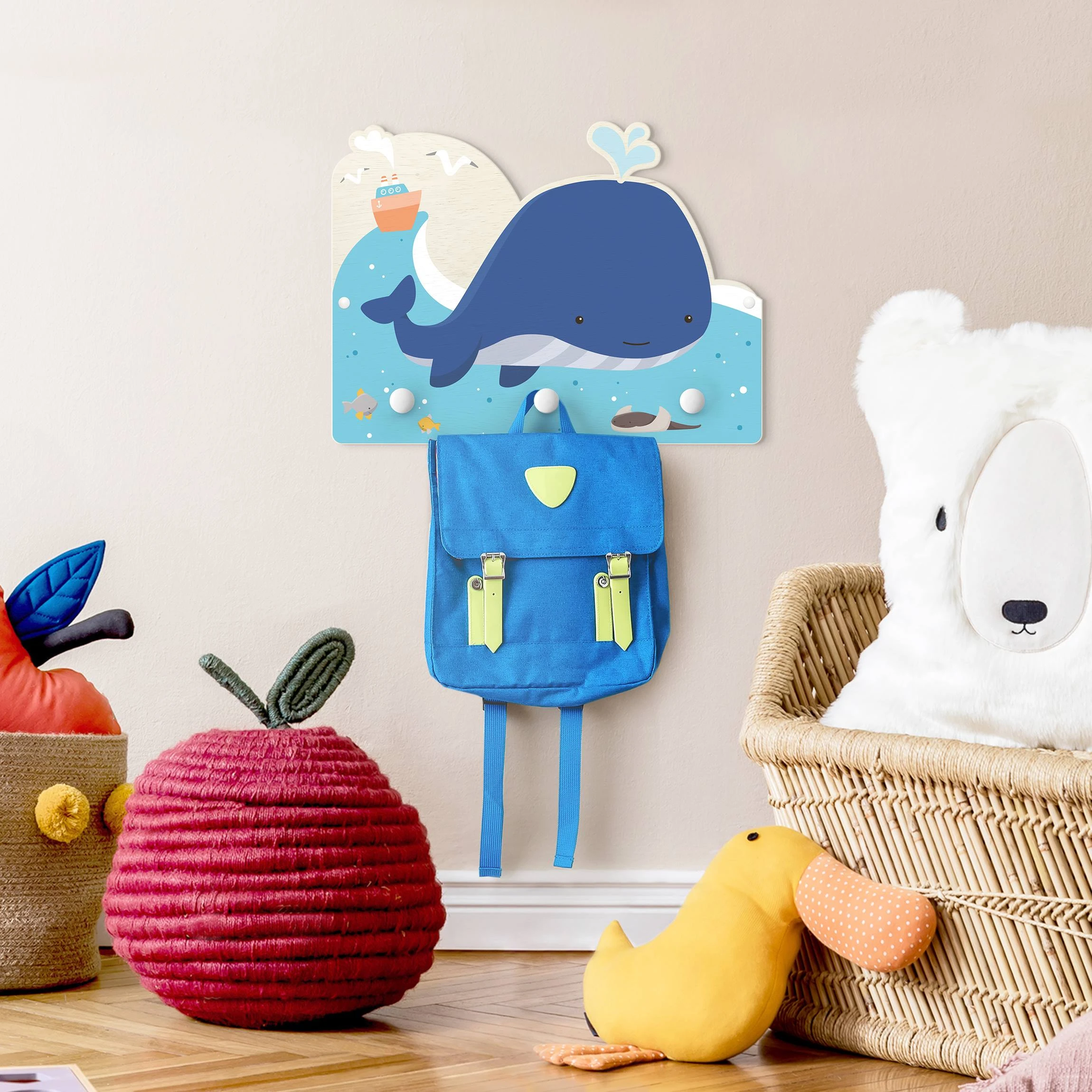 WallArt Kindergarderobe Holz - Freundlicher Wal Im Meer In Blau - Image 4