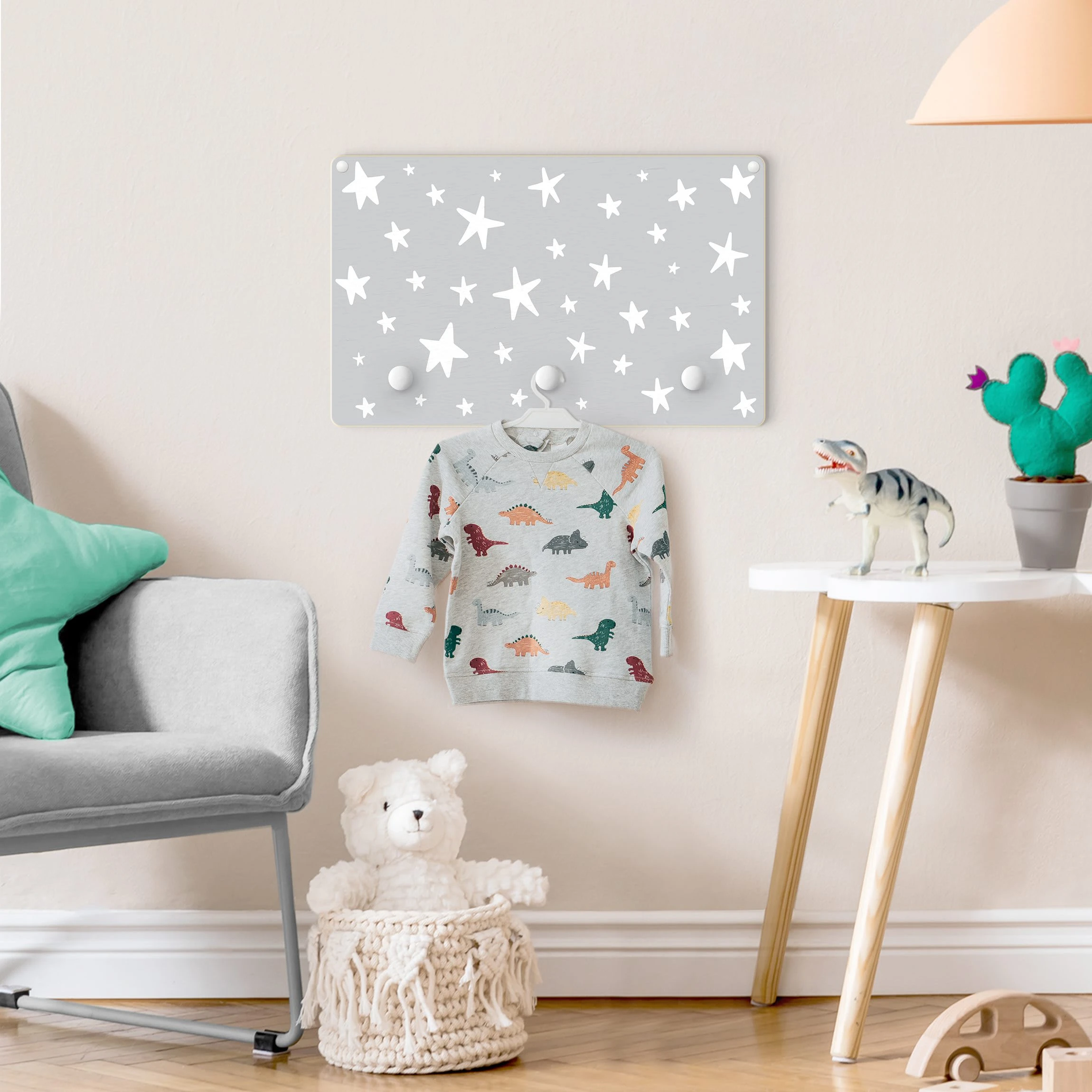 WallArt Kindergarderobe Holz - Gezeichn. Sterne Im Grauen Himmel In Grau - Image 4