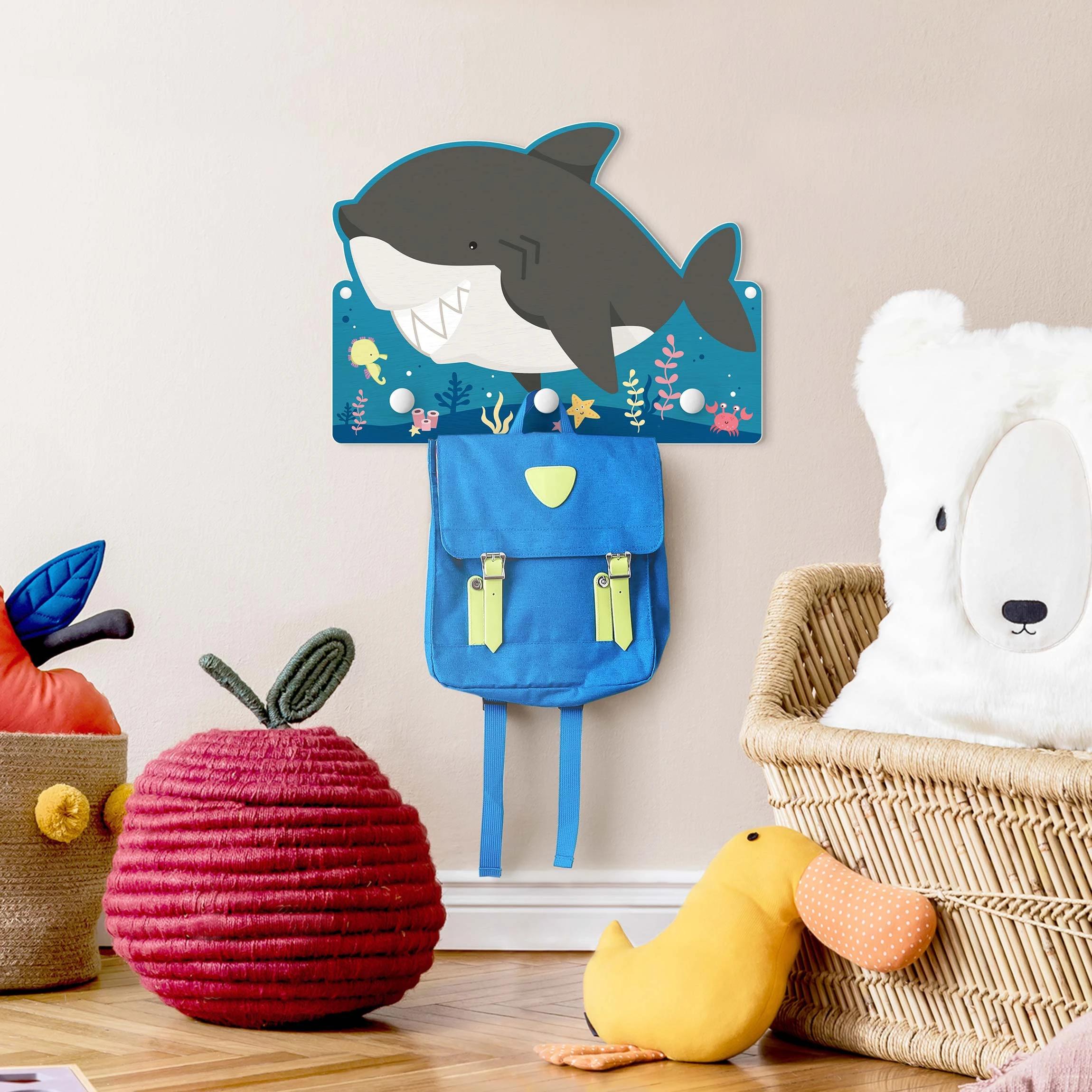 WallArt Kindergarderobe Holz - Grinsender Hai Im Meer In Grau - Image 4