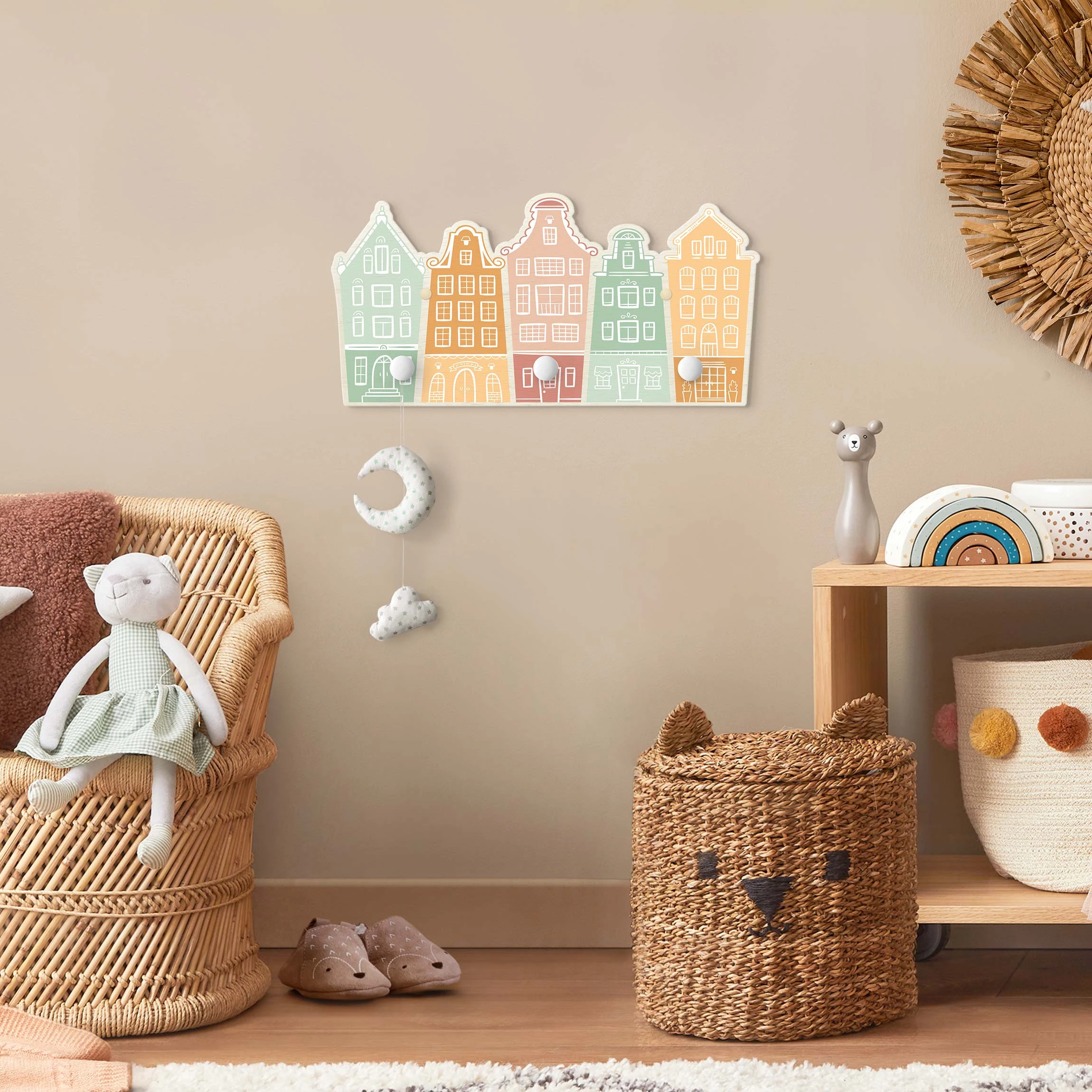 WallArt Kindergarderobe Holz - HĂ€user Siedlung In Pastell - Image 3