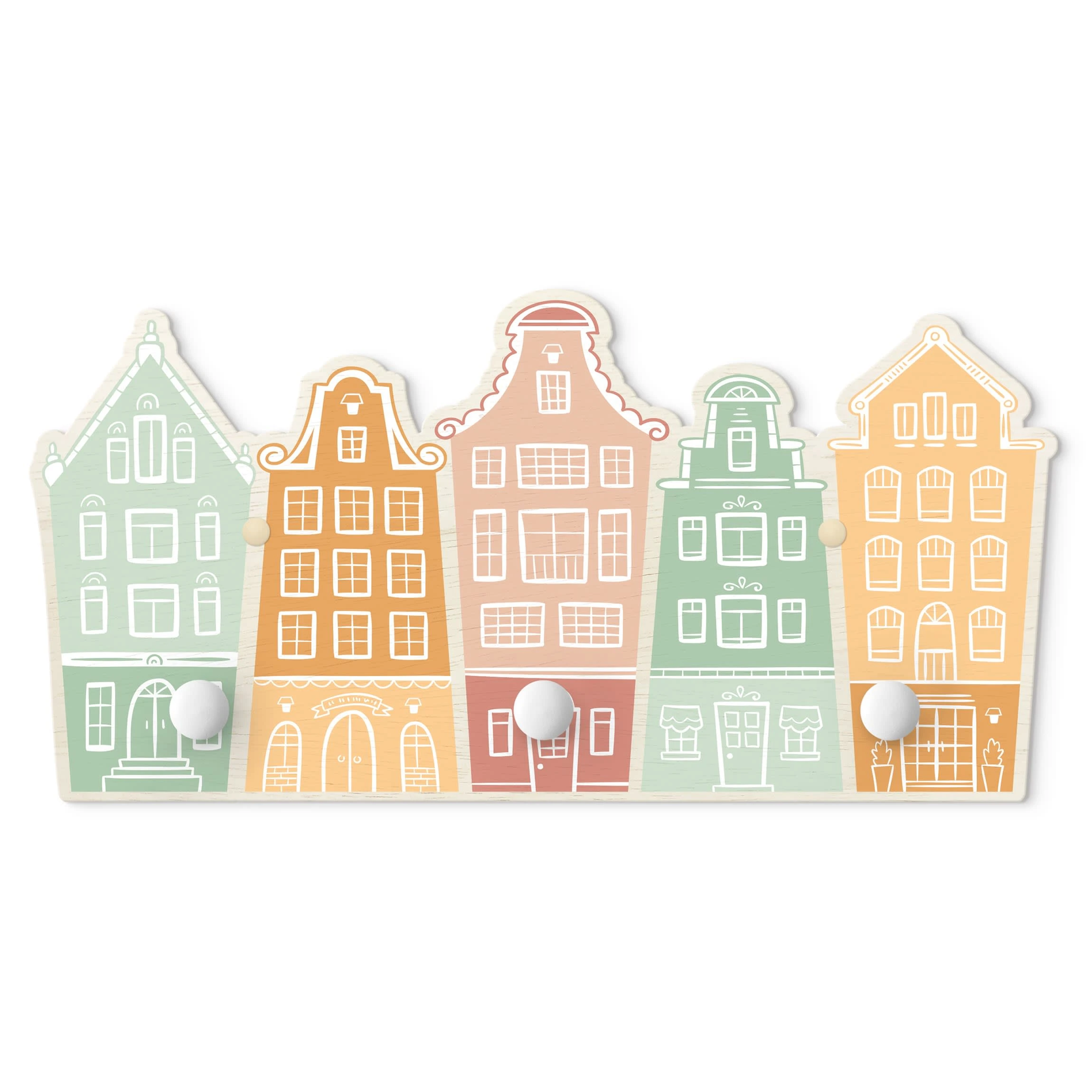 WallArt Kindergarderobe Holz - HĂ€user Siedlung In Pastell