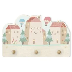 WallArt Kindergarderobe Holz - Häuser Und Heißluftballons In Pastell