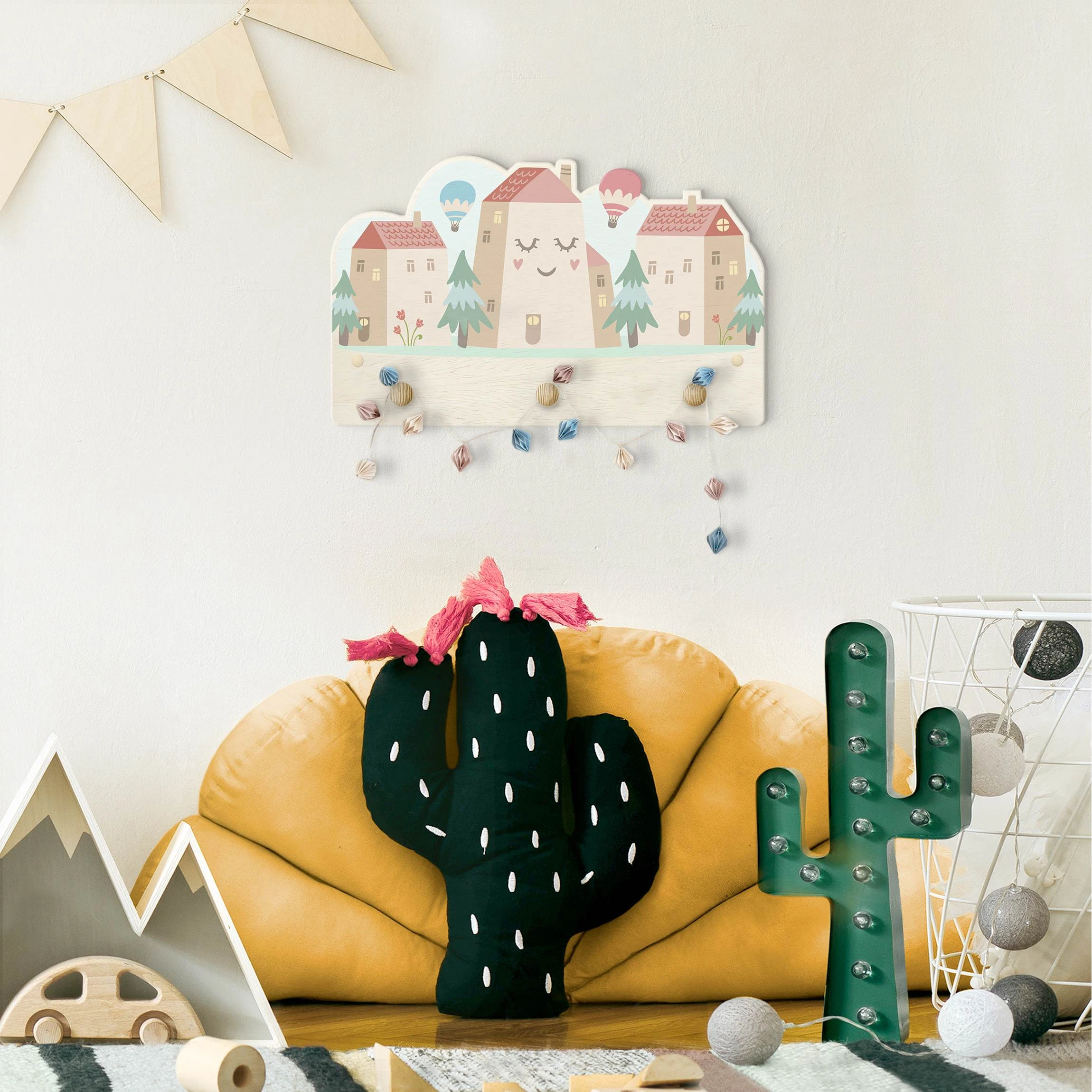WallArt Kindergarderobe Holz - Häuser Und Heißluftballons In Pastell – Bild 4