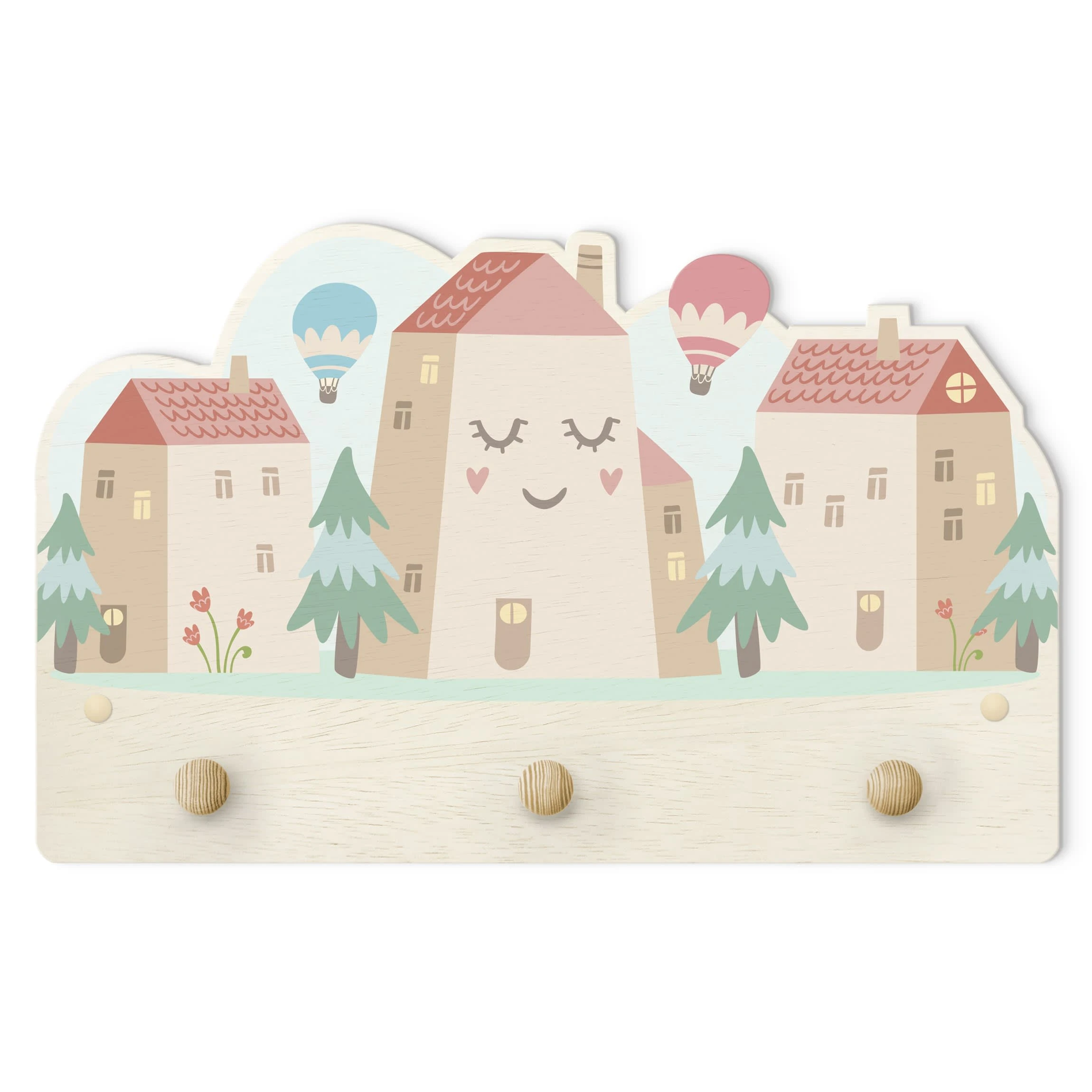 WallArt Kindergarderobe Holz - Häuser Und Heißluftballons In Pastell