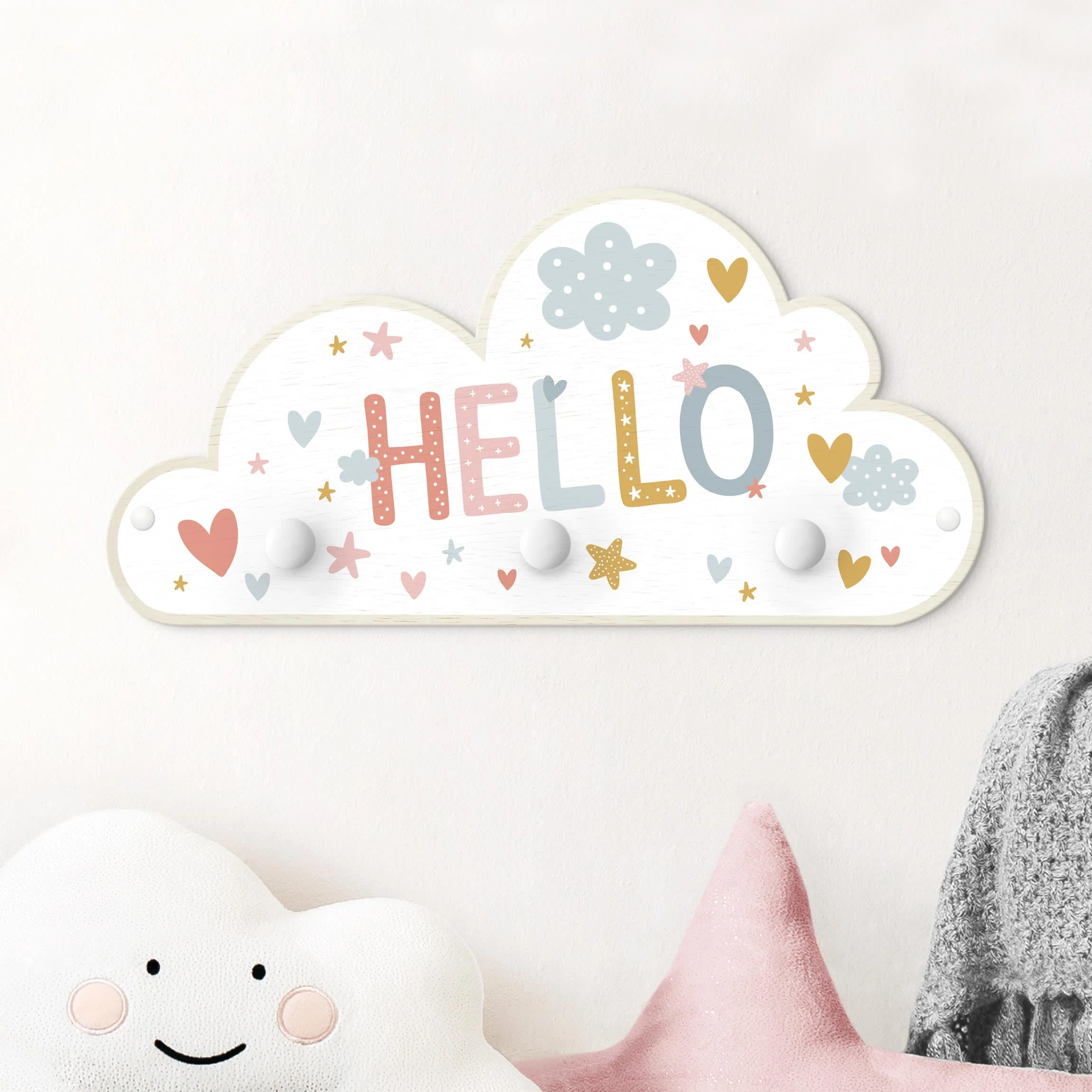 WallArt Kindergarderobe Holz - Hello - Herzen Sterne Wolken In Bunt - Image 2