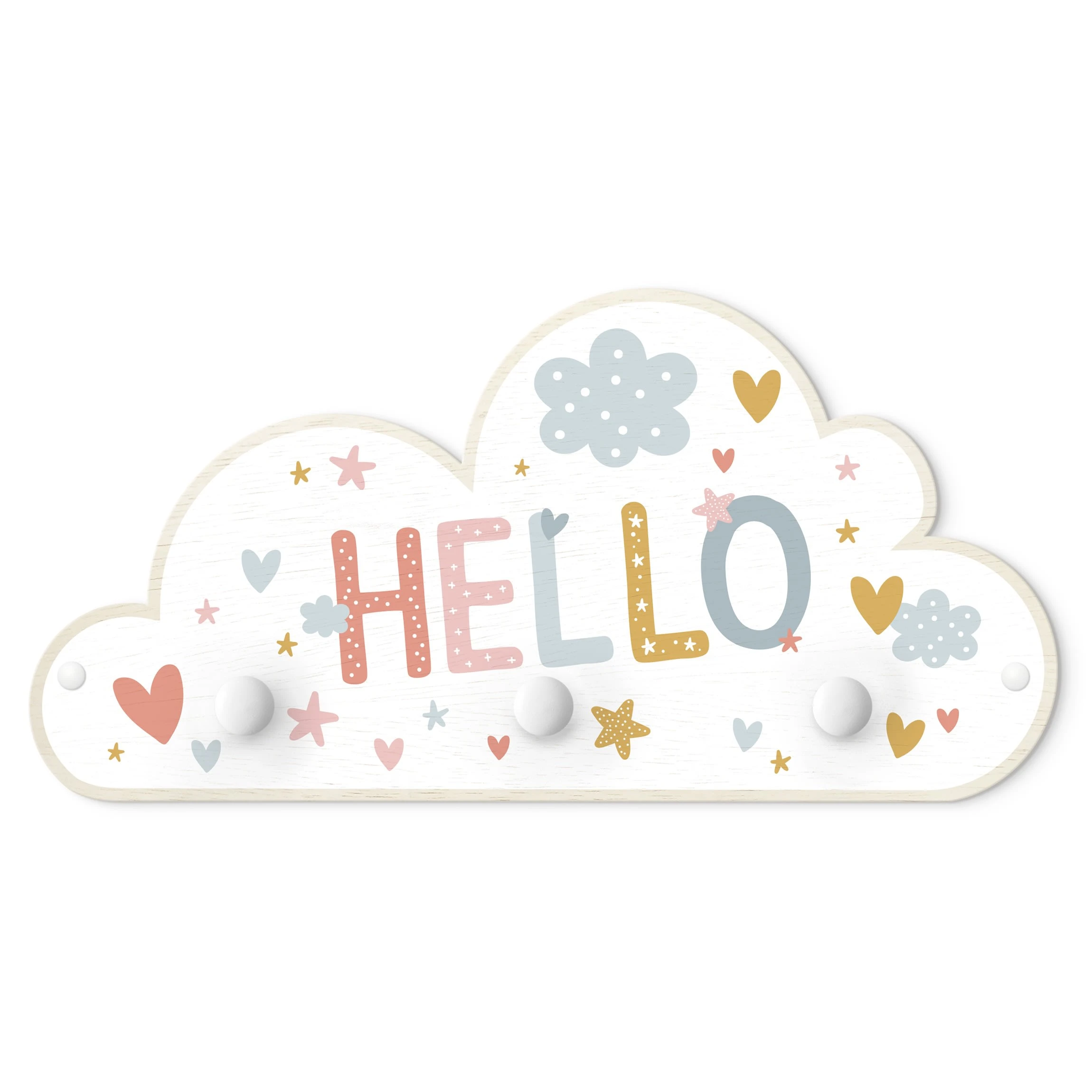 WallArt Kindergarderobe Holz - Hello - Herzen Sterne Wolken In Bunt