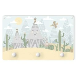 WallArt Kindergarderobe Holz - Indianerzelt Mit Kakteen In Türkis