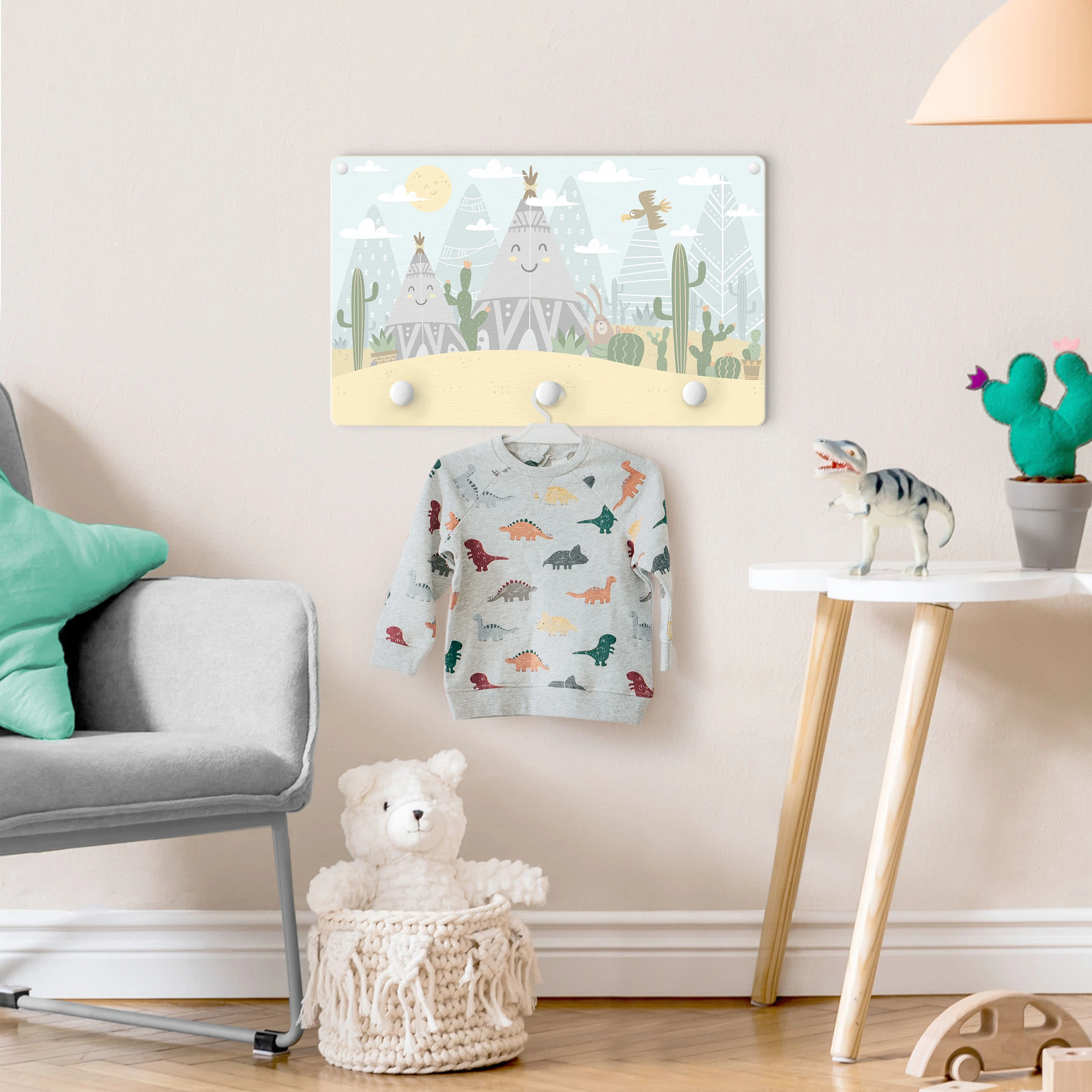 WallArt Kindergarderobe Holz - Indianerzelt Mit Kakteen In Türkis - Image 4