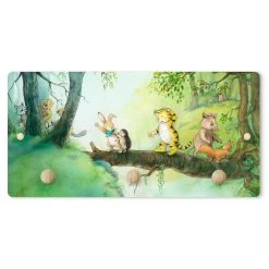 WallArt Kindergarderobe Holz - Kleiner Tiger - Baumbrücke In Grün