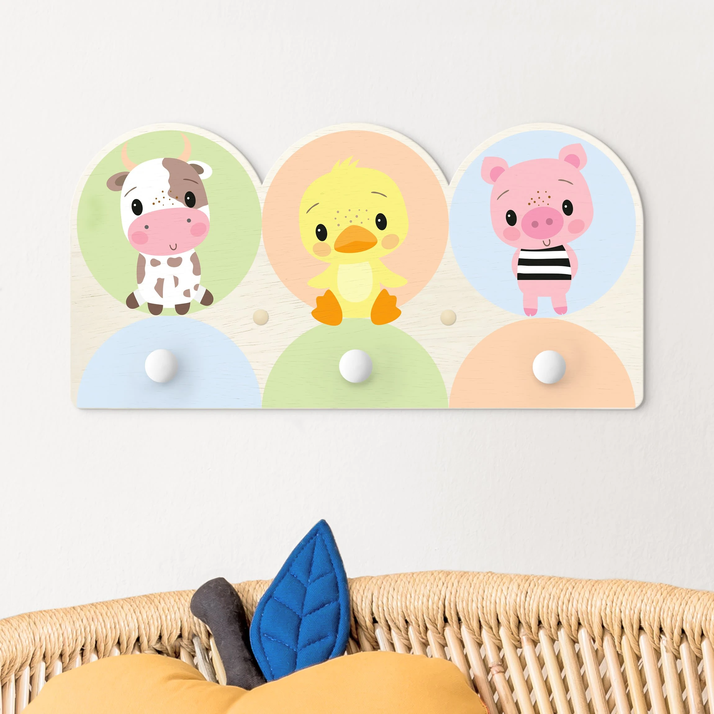 WallArt Kindergarderobe Holz - Kuh Küken Schwein In Pastell - Image 2