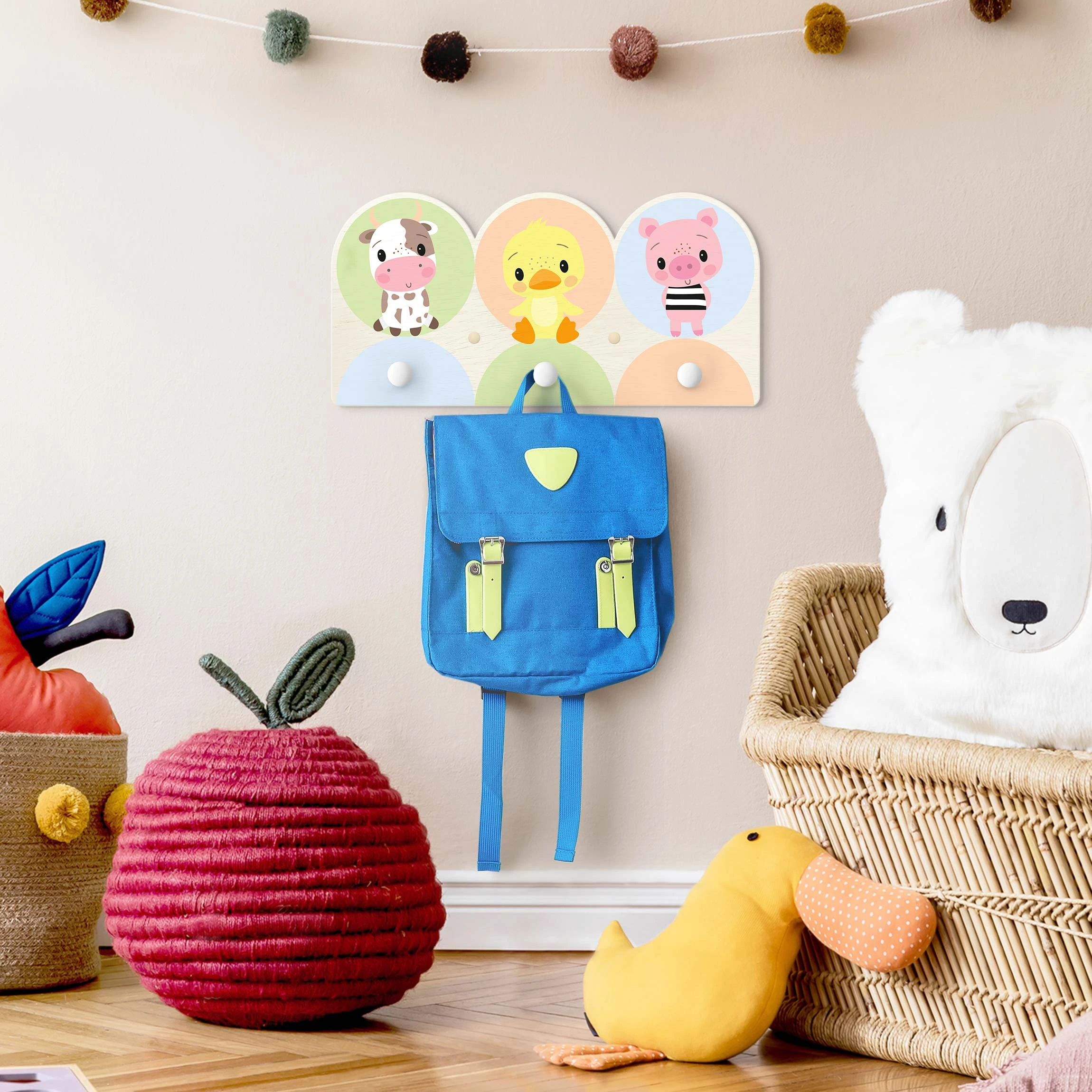 WallArt Kindergarderobe Holz - Kuh Küken Schwein In Pastell - Image 4