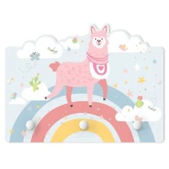 WallArt Kindergarderobe Holz - Lama Auf Regenbogen Sterne U. Punkte In Bunt