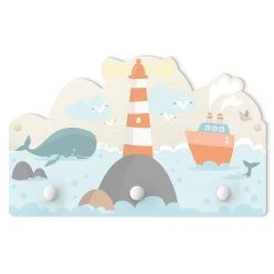 WallArt Kindergarderobe Holz - Leuchtturm Und Wale In Pastell