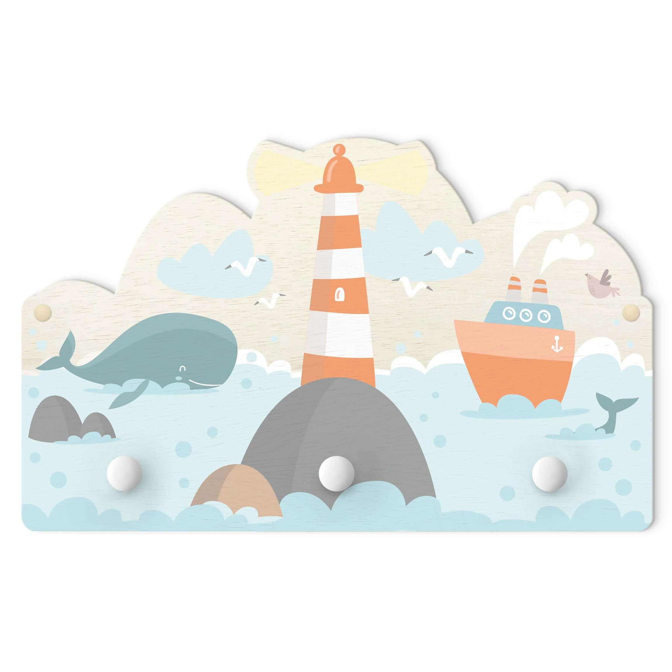 WallArt Kindergarderobe Holz - Leuchtturm Und Wale In Pastell