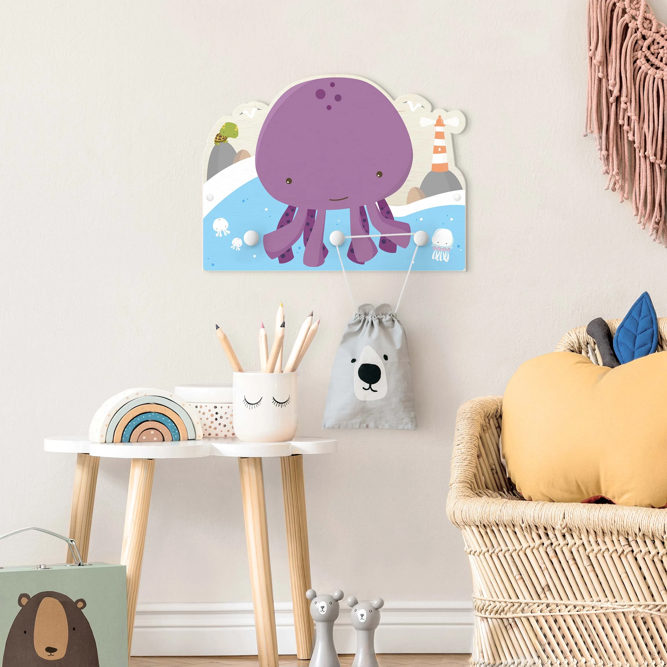 WallArt Kindergarderobe Holz - Lila Baby Tintenfisch In Violett - Image 4