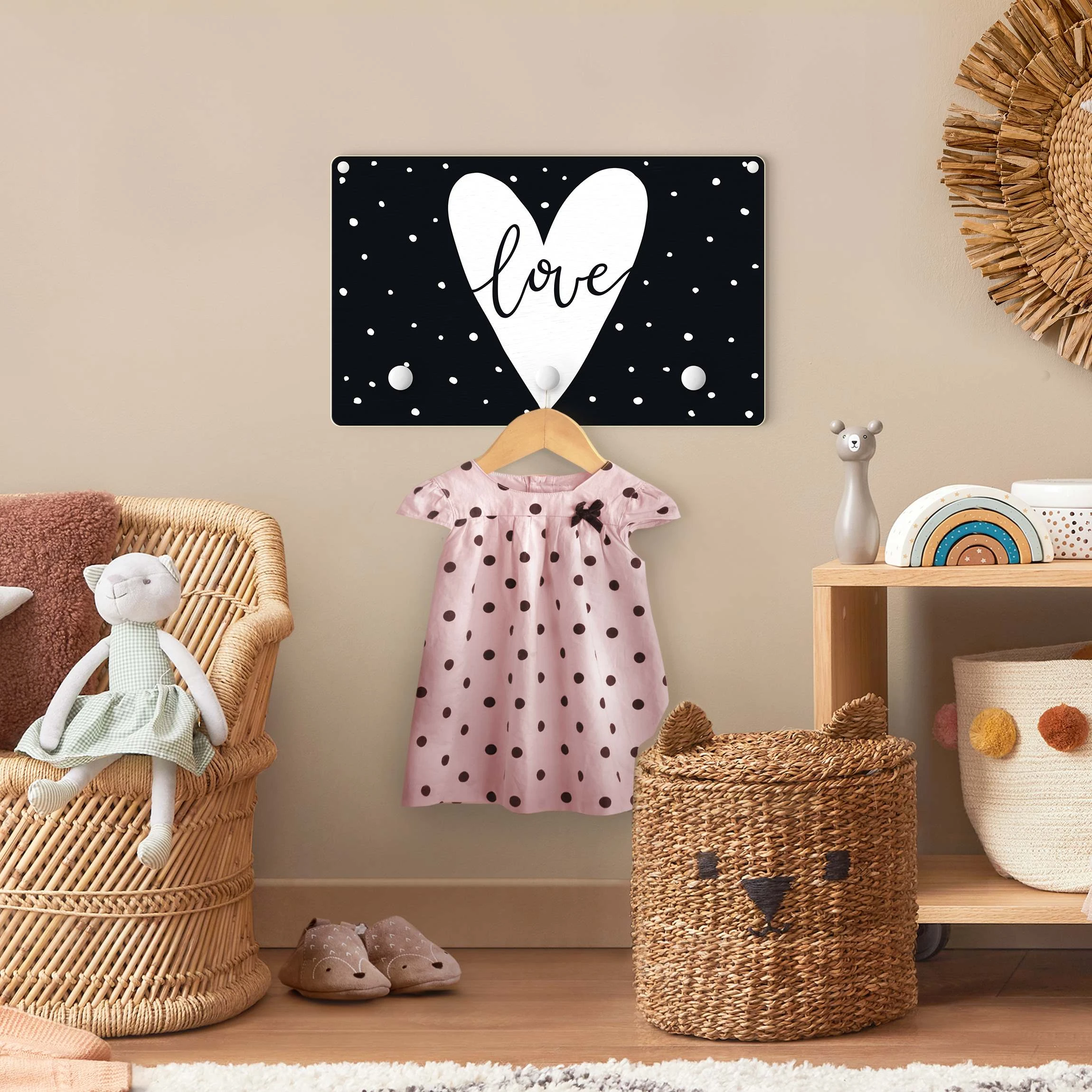 WallArt Kindergarderobe Holz - Love Im Herz Mit Punkten In Schwarz-Weiß - Image 3